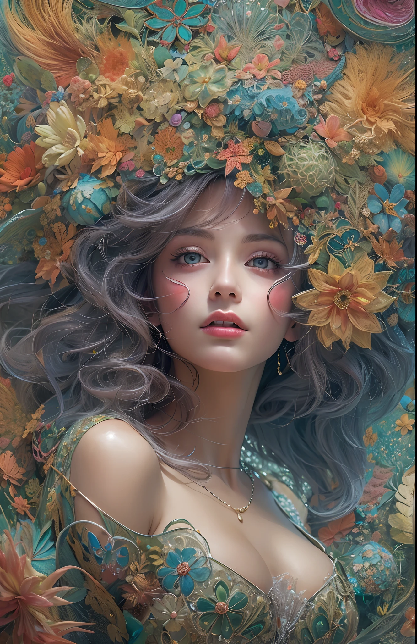 (masterpiece, top quality, best quality, official art, beautiful and aesthetic:1.2), (1girl), extreme detailed,(fractal art:1.3),colorful,highest detailed, hair covered in flowers, massive cleavage