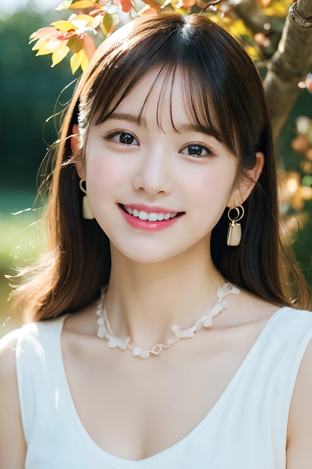 (A hyper-realistic), (illustratio), (hight resolution), (8K), (ighly detailed), (The best illustrations), (Beautiful detailed eyes), (top-quality), (ultra-detailliert), (masterpiece), (wall-paper), (详细的脸), (beautiful smiling face)、(beautiful countenance)、long、Earrings with bangs、独奏、(((Cute Japan Beautiful Girl)))、 ((Japan beautiful girl 18 years old))、 ((Baby face))、(C Cup Big), agitation、real looking skin、Hair fluttering in the wind、date、autumnal、Colored leaves、Beautiful autumn background、make love、Cute clothes, beginning々Right、unclear、wretched、
