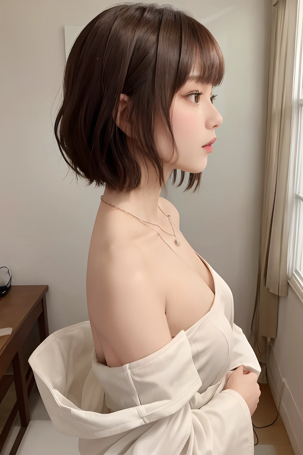 (女の子 1 人)、(top-quality)、(​masterpiece)、(hight resolution)、(intricate-detail)、(Photorealsitic)、(Cinematic Light) 独奏、耳Nipple Ring、jewely、short-hair、Brown hair、s lips、portlate、profile、((cute little))、Female, Attractive woman、Everyone longs for、Transparency、a necklace、Farbe々From an angle、夏天、off shoulders、(Drop Shoulder Fashion)、Clothes are white、robe、