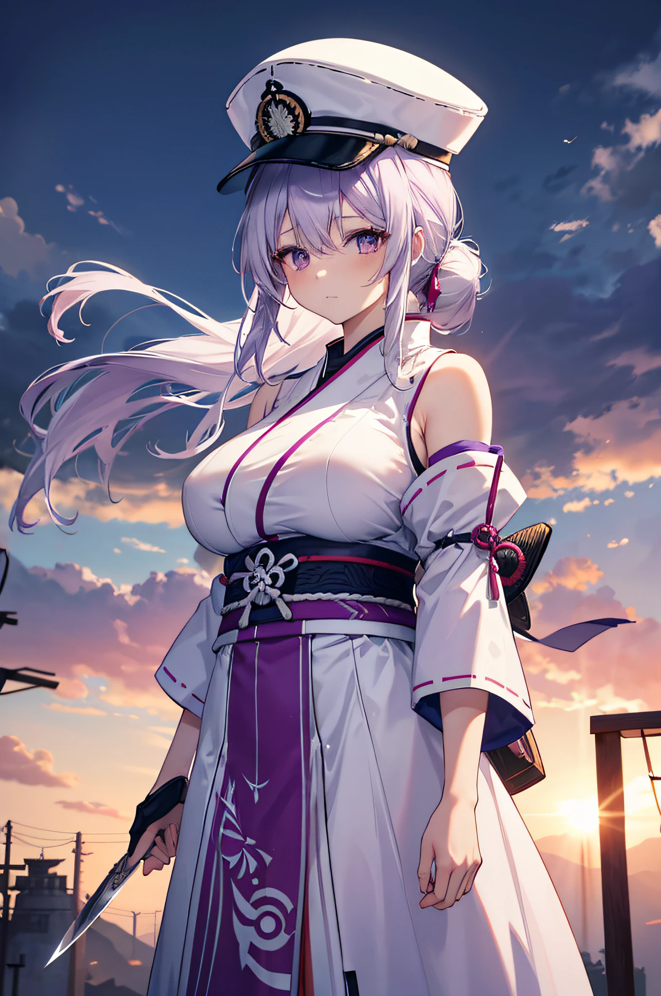 4K.hight resolution,One Woman,slightly white purple hair,Long ponytail,huge tit,White samurai clothes,no sleeves,White hat,knifes,A devastated town,cloudy ash sky,the setting sun