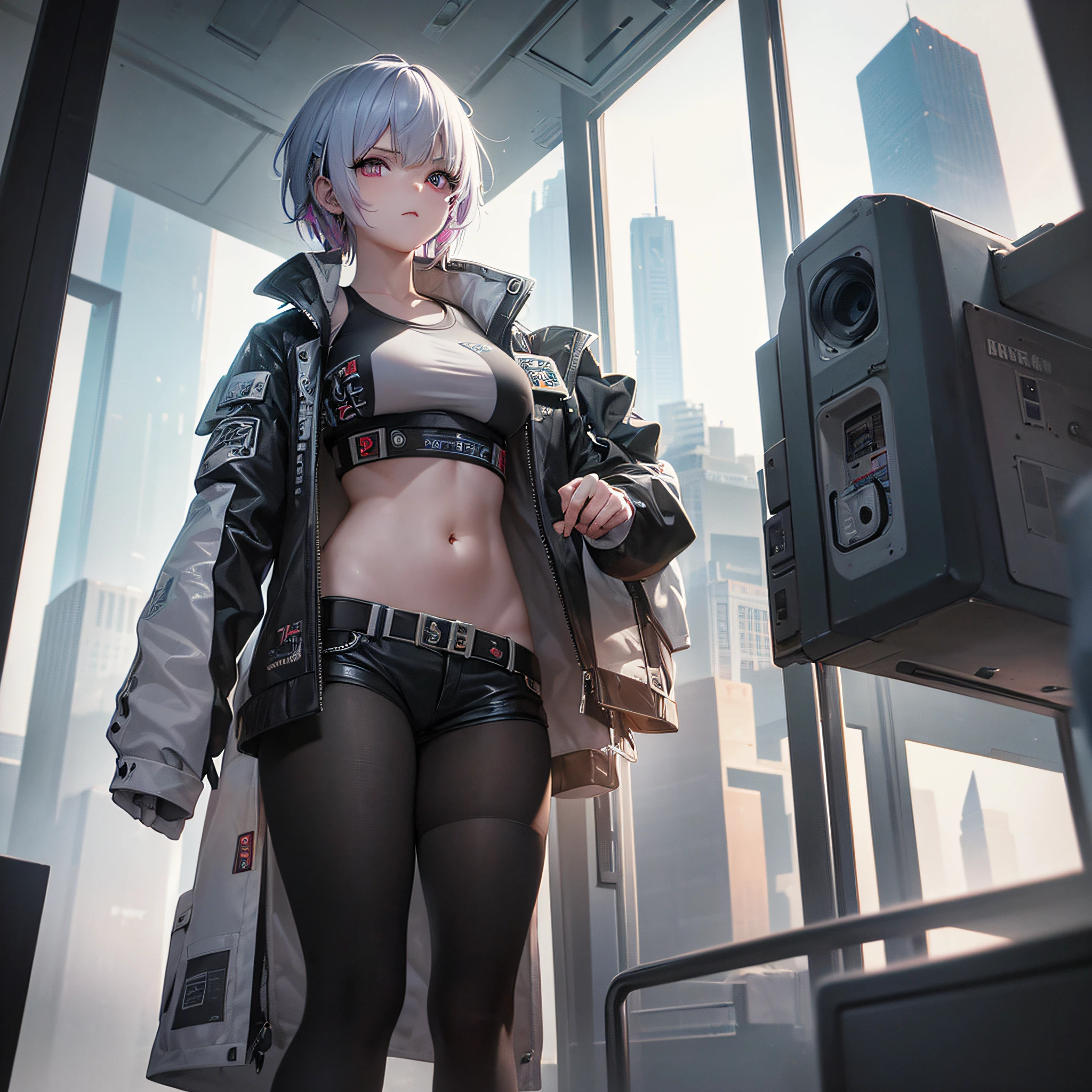girl with tricolor hair, heterochromic eyes, face piercings, cyberpunk, low-cut translucent white short shirt, short spiked shorts, robotic legs, medium breasts, big ass, (ambient light: 1.5), (view from below that focuses on the character, photography expansively), ultra quality, (8k rendered photography), (ultra detailed), (refined strokes), (highest quality), (warm lighting: 1.2), portrait, dreamy, magical, (solo:1.2)