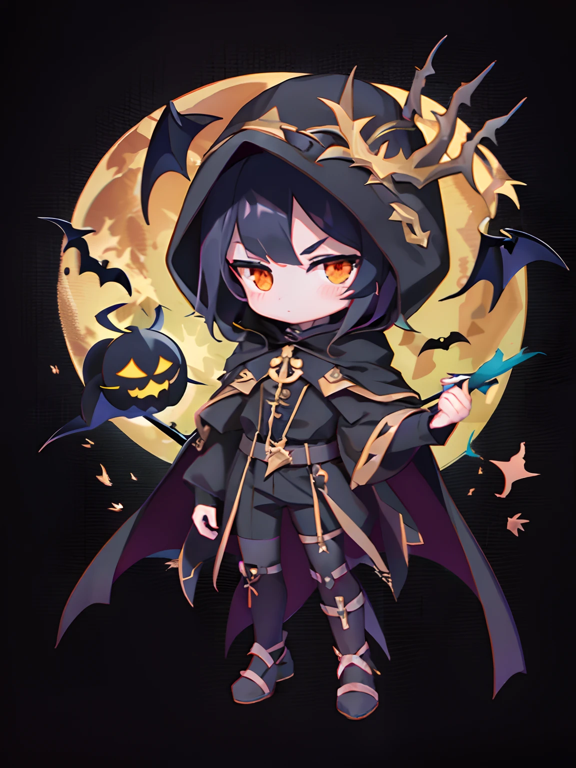 Anime characters dressed in black with a full moon and bats, black-haired mage,Scythe weapon， advanced digital chibi art, dark witch character, dark cloaked necromancer, demon slayer rui fanart, Chibi Art, young shadow mage male, character art of maple story, dark robed, zerochan art, arcane art style, fashionable dark witch, official fanart