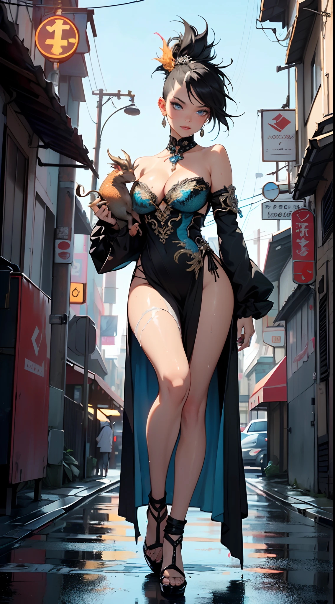 woman in evening dress,((((woman accompanied by a tiny pet dragon:1.5)))),(((1woman))),((beautiful woman)),woman,1female,((milf,mom,mature,mature woman,45 years old female,adult)),
(large breasts:1.4),saggy breasts,(((black hair:1.4,hi-top fade Haircut:1.5,hi-top fade:1.5,Mohawk:1.5))),(((blue_eyes:1.3))),intricate eyes,beautiful detailed eyes,symmetrical eyes,((fat)),(((lustrous skin:1.5,bright skin: 1.5,skin tanned,shiny skin,very shiny skin,shiny body,plastic glitter skin,exaggerated shiny skin,illuminated skin,wet legs))),(spider lower abdomen,narrow waist,wide hip,imbo body,inflated legs,detailed body,(detailed face)),
cute,slutty,seductive,erotic,(((nsfw))),evil woman, villain, ambitious look,
((strapless draped long dress)),metallic blue dress,(((deep neckline,cleavage))),((wet clothes,intricate outfit,intricate clothes,ornate outfit,ornate clothes,embroidered outfit,embroidered clothes)),
(dynamic pose:1.0),solo focus,((smug)),(centered,scale to fit dimensions,Rule of thirds),
cyberpunk city by the ocean at night, with bright neon signs and dark stormy clouds and puddles, scenery:1.25,
highres, sharp focus, (ultra detailed, extremely detailed), (photorealistic artwork:1.37),(extremely detailed CG unity 8k wallpaper),((synthwave background theme)),(((vibrant colors))),(intricate background),(masterpiece),(best quality),