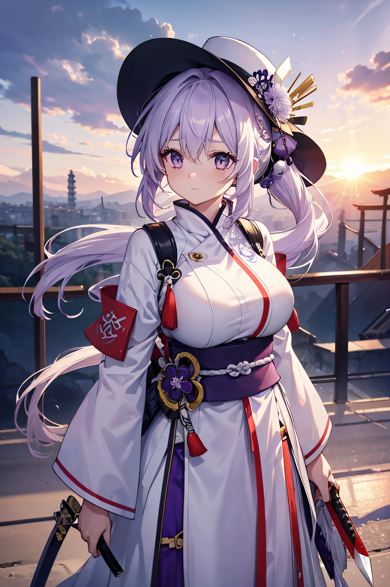 (masterpiece, best quality, detailed), 1girl, solo, noelle gi, short hair, green eyes, braid,hair flower,red rose, looking at viewer,
(samurai), japanese armor, kusazuri, sode, kote, sheath, japanese clothes, hakama, outdoors, night, torii, shrine, east asian architecture, indian style, hands on feet, serious