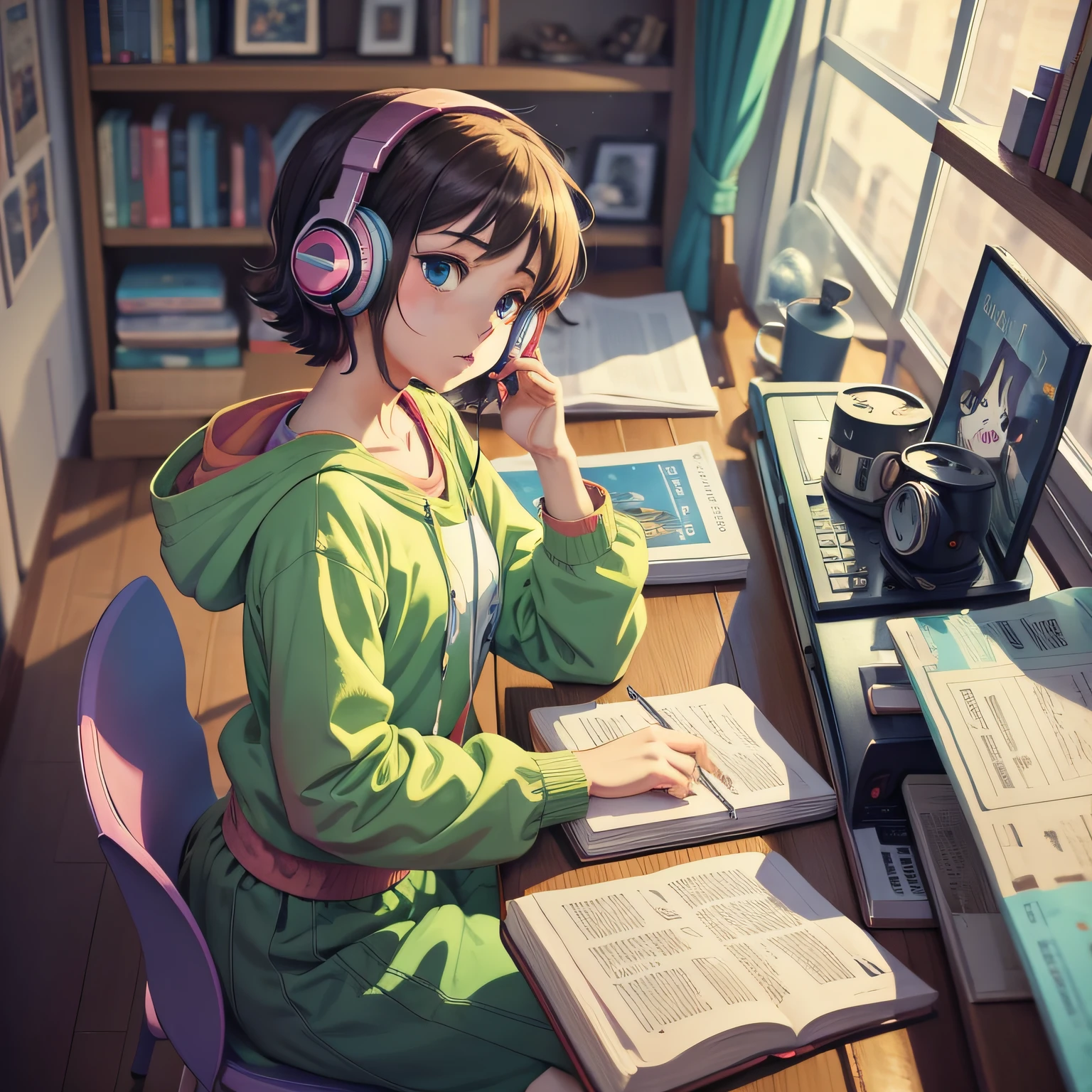 anime character sitting at a table with headphones a book and a cat, lofi girl, lofi art, lofi art style, lofi feel, lofi portrait, lofi colors, lofi, lo-fi art, lofi vibes, lofi vibe, lofi hip hop, satoshi kon artstyle, lofi girl aesthetic
