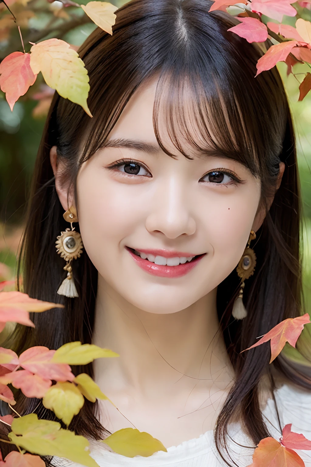 (A hyper-realistic), (illustratio), (hight resolution), (8K), (ighly detailed), (The best illustrations), (Beautiful detailed eyes), (top-quality), (ultra-detailliert), (masterpiece), (wall-paper), (详细的脸), (beautiful smiling face)、(beautiful countenance)、long、Earrings with bangs、独奏、(((Cute Japan Beautiful Girl)))、 ((Japan beautiful girl 18 years old))、 (())、(C Cup Big), agitation、real looking skin、Hair fluttering in the wind、date、autumnal、Colored leaves、Beautiful autumn background、make love、Cute clothes, beginning々Right、unclear、wretched、