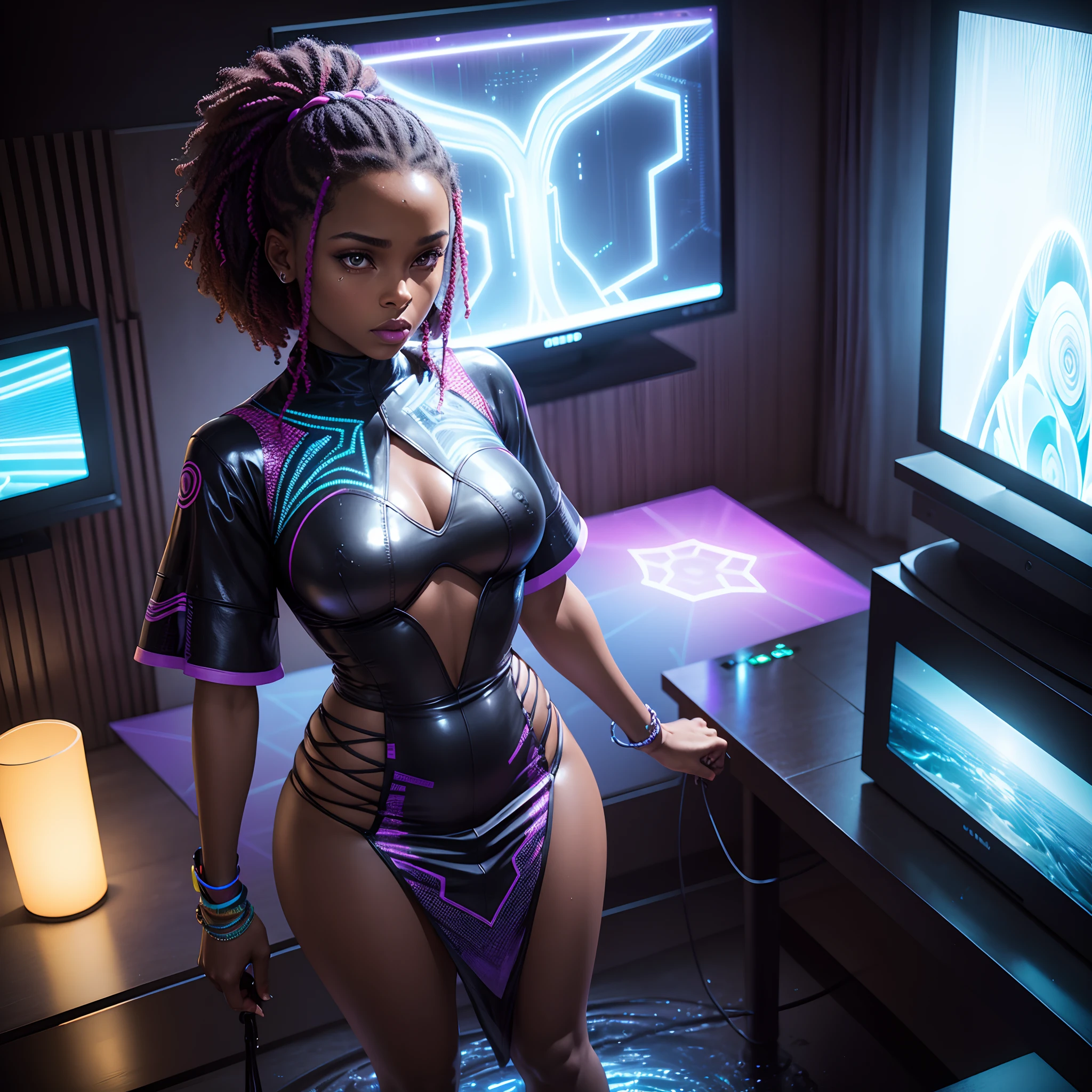 High angle shot of a Black woman wearing neon lit African designed clothes and standing on a wet surface in a room with large flat screen TVs on the walls, dark room with only the Flat screen TVs lighting the scene, with iridescent light, photorealistic image, 32k, ultra HD, cinematic lighting, artgerm style,