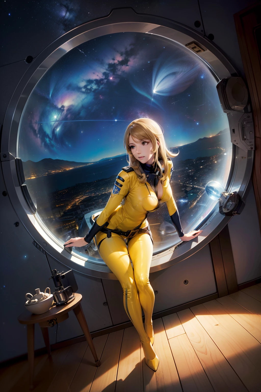 (masterpiece, best quality:1.2), (cowboy shot:1.1), solo, 1girl, mori yuki, slight smile, closed mouth, looking at viewer, blonde hair, thigh gap, (unzipped bodysuit:1.5), slight smile, leaning forward, side view, yellow bodysuit, skin tight, belt, large window, (starship porthole:1.3), from front, (spread legs:1.3), (standing:1.1), starship interior, (outer space view:1.1), (orbital view:1.3), (night, stary sky:1.5), milky way