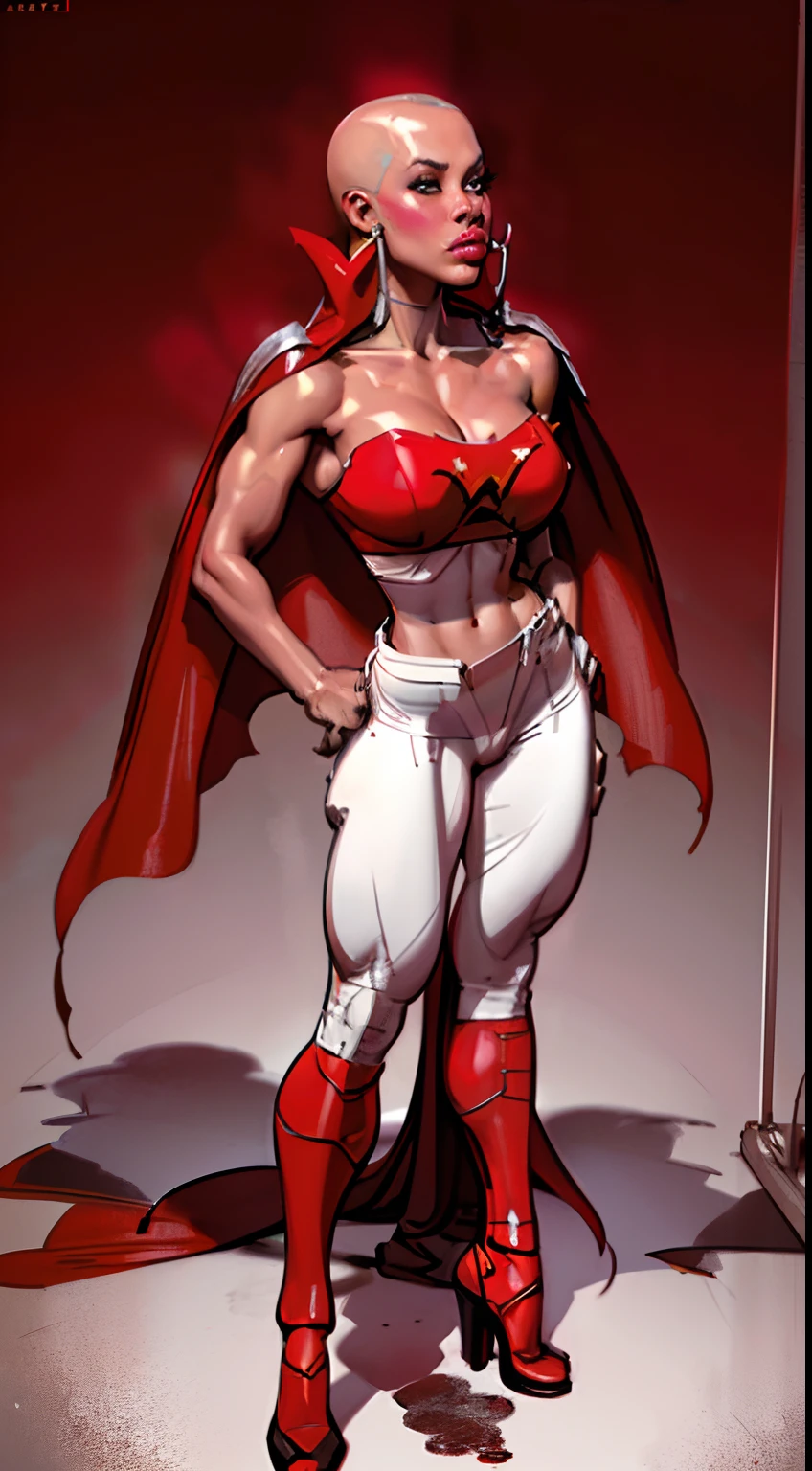 (Score_9, score_8_up, score_7_up, seductive face, tall, shoulder tattoos, chest tattoos) arms to sides, solo, 1futanari, mortal kombat, eyes, eyeliner, black lips, dark brown skin, (black wavy hair, red highlights,) ponytail, bangs, red x-strap dress, big breasts, bare shoulders, red handwraps, silver armlets, red waist armor and belt, pelvic curtain, exposed huge penis, flaccid penis, precum, black accents, silver decorations, silver ringed necklace, bare thighs, red wrapped legs, septum ring, Nyantcha Style, source_anime, rating_explicit