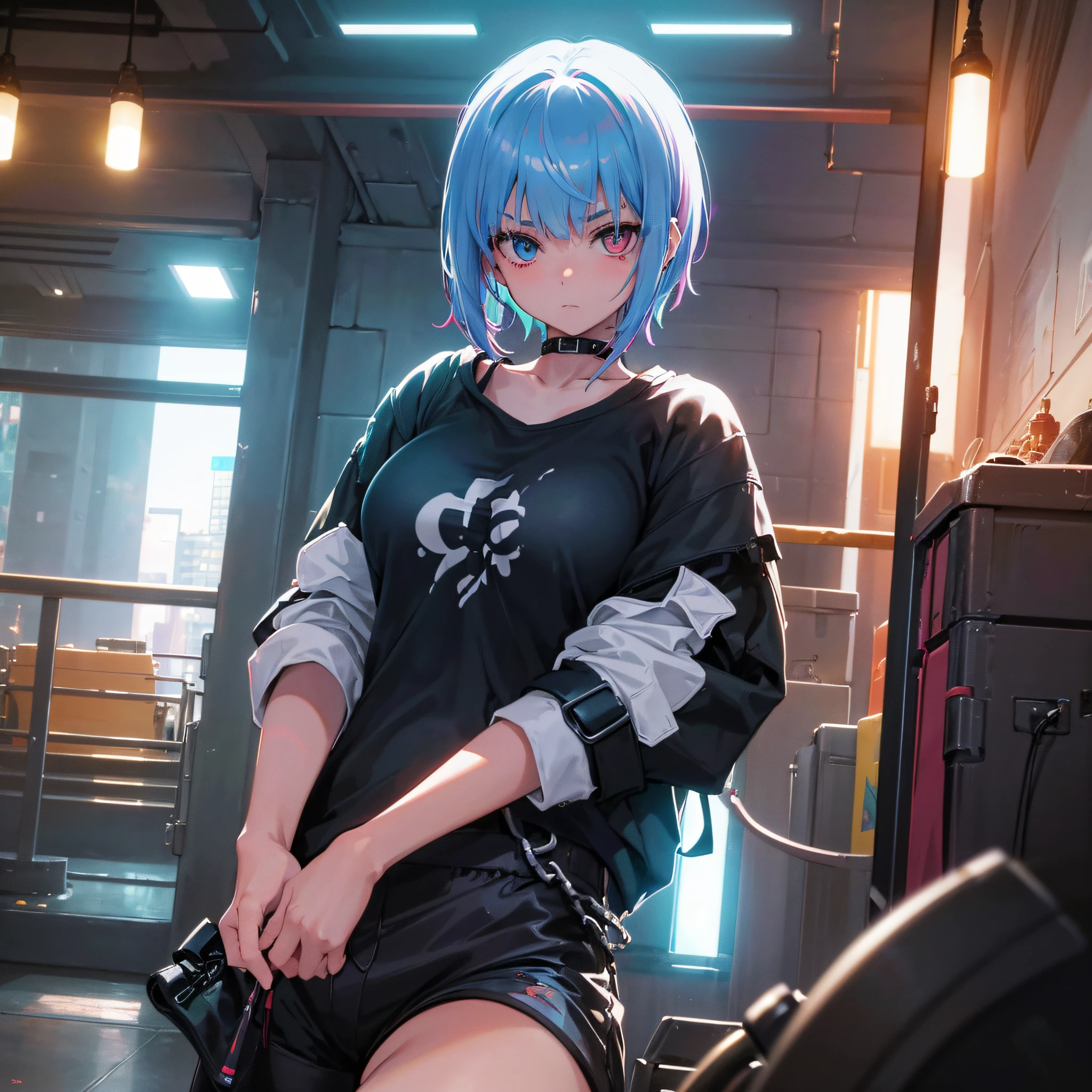 girl with tricolor hair, heterochromic eyes, facial piercings, cyberpunk, low-cut white short shirt, tight short shorts, big breasts, bigass, squatting, (ambient light: 1.5), (view from below that focuses on the character, photography from expansive mode), ultra quality, (8k rendered photography), (ultra detailed), (refined strokes), (highest quality), (warm lighting: 1.5), portrait, dreamy, magical, (solo:1.2)