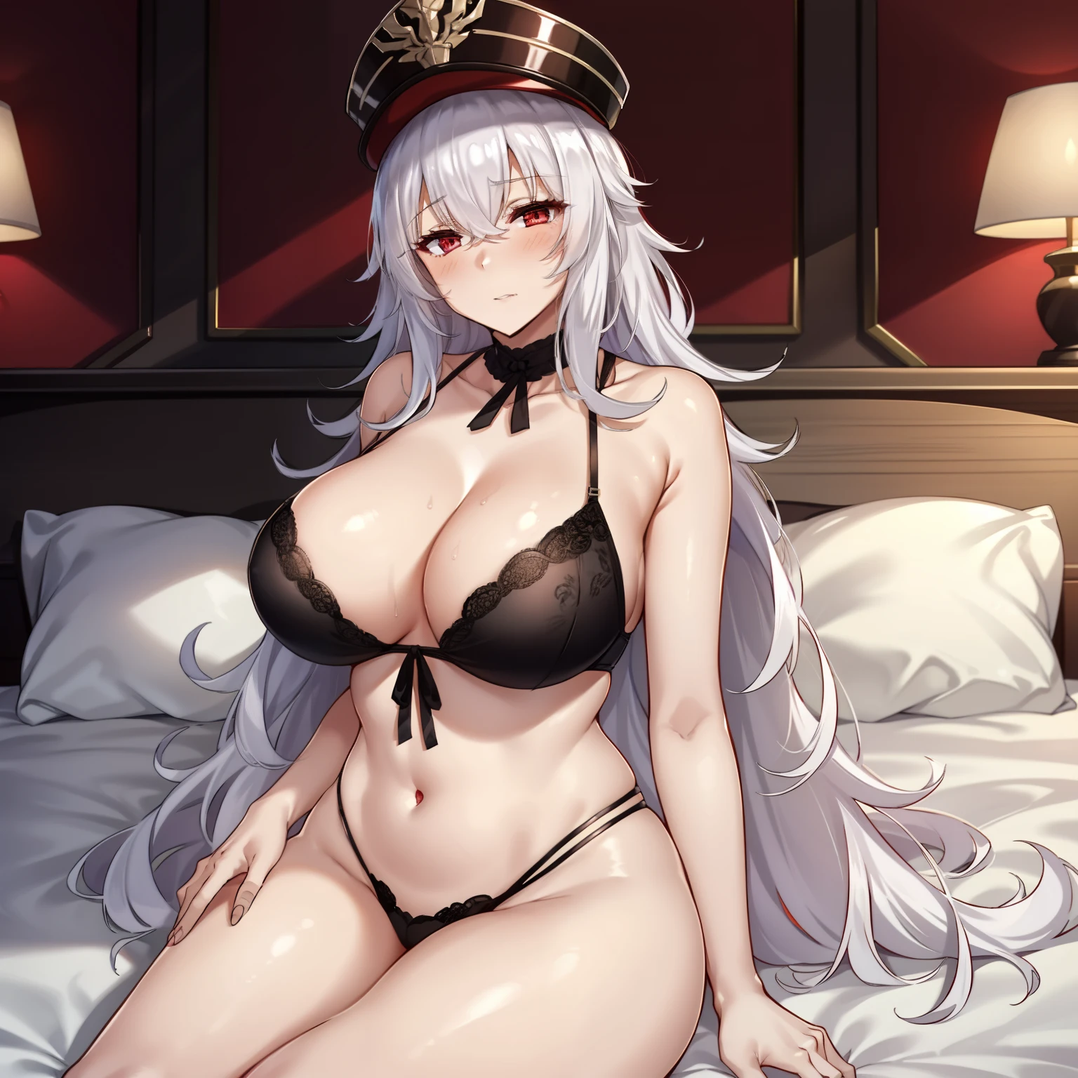 1girl,big breasts,hotel room,bed,(8k),
,detailed face,white hair,red eyes,long hair,embarassed,shy,high_res, high_definition,battlefield,sexy pose,black sexy lingerie,military hat,