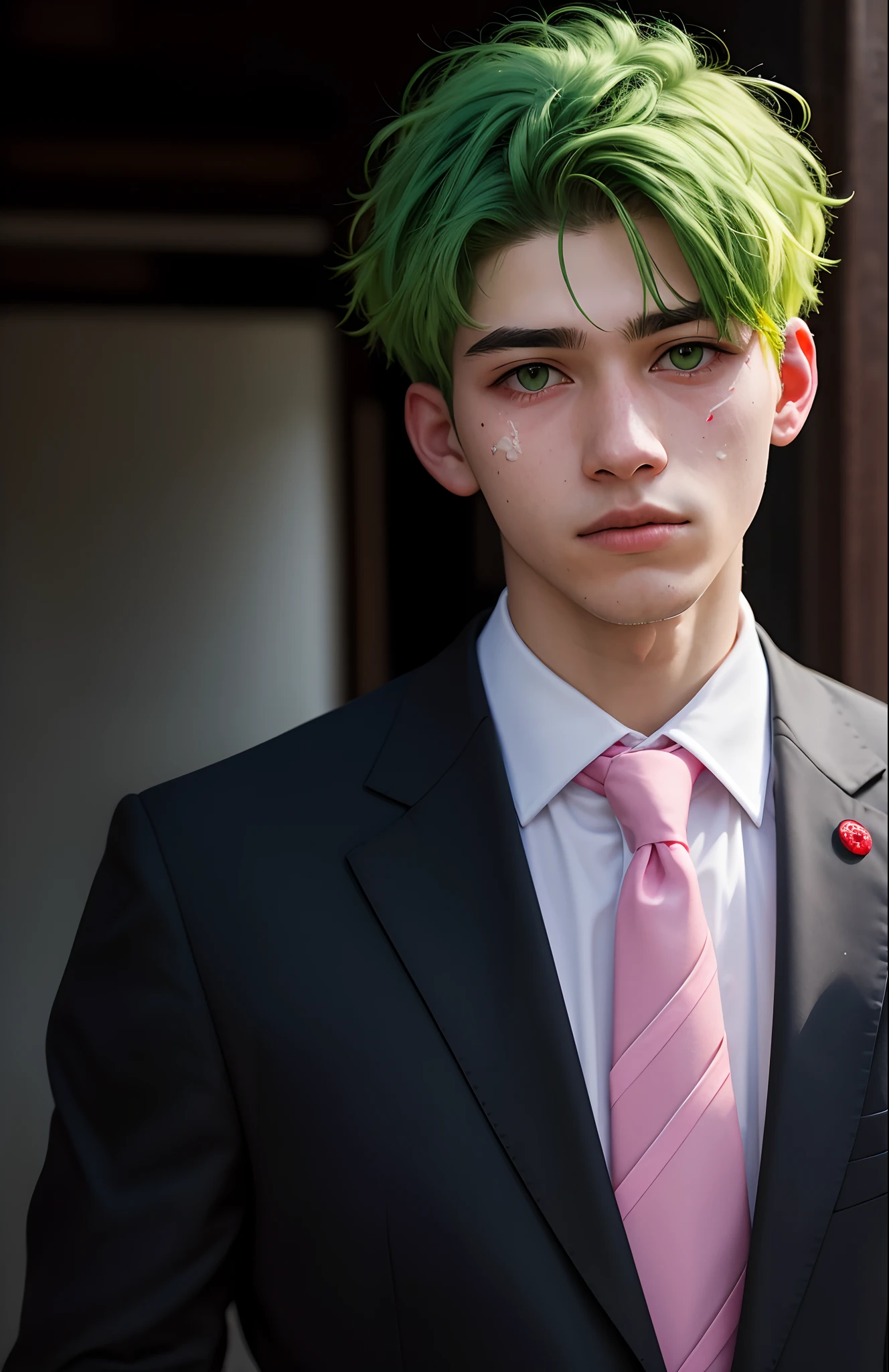 Short yellow-green hair, pink eyes, cross wound on left cheek 20-year-old man wearing suit