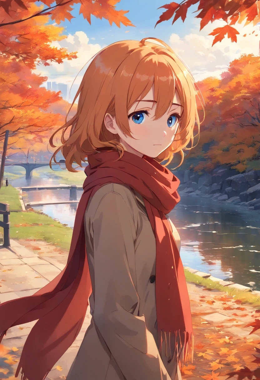(masterpiece), best quality, ultra-detailed, illustration, warm lighting, soft lighting, bright colors, 1 girl, solo,( beautiful girl, long orange hair, blue eyes, freckles, hair between eyes, hair ribbon, sidelocks, very long hair, messy hair,) , autumn, many maple tree, maple leaves, golden leaves, fall foliage, Dried leaves, river, crisp air, peace, cool breeze , cool breeze,( red scarf, Moody fall, Wistful, Melancholy, sad ,worried, Longing,), nsfw, naked body, tiny boobs, only wearing scarf