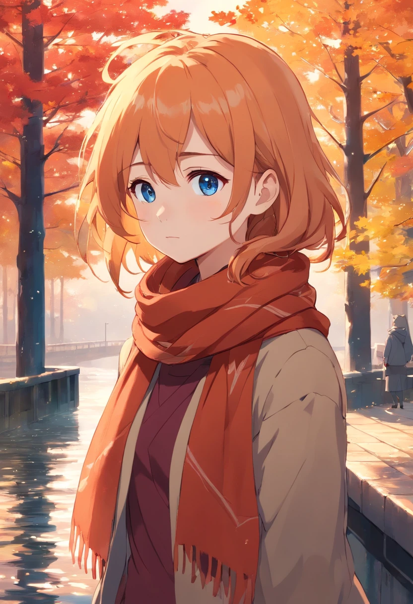 (masterpiece), best quality, ultra-detailed, illustration, warm lighting, soft lighting, bright colors, 1 girl, solo,( beautiful girl, long orange hair, blue eyes, freckles, hair between eyes, hair ribbon, sidelocks, very long hair, messy hair,) , autumn, many maple tree, maple leaves, golden leaves, fall foliage, Dried leaves, river, crisp air, peace, cool breeze , cool breeze,( red scarf, Moody fall, Wistful, Melancholy, sad ,worried, Longing,), nsfw, naked body, tiny boobs, only wearing scarf