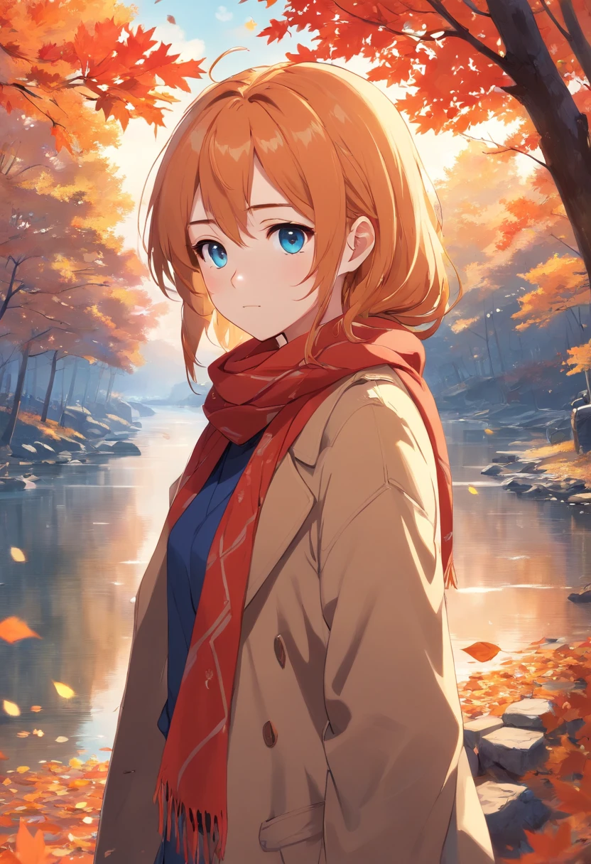 (masterpiece), best quality, ultra-detailed, illustration, warm lighting, soft lighting, bright colors, 1 girl, solo,( beautiful girl, long orange hair, blue eyes, freckles, hair between eyes, hair ribbon, sidelocks, very long hair, messy hair,) , autumn, many maple tree, maple leaves, golden leaves, fall foliage, Dried leaves, river, crisp air, peace, cool breeze , cool breeze,( red scarf, Moody fall, Wistful, Melancholy, sad ,worried, Longing,), nsfw, naked body, tiny boobs, only wearing scarf