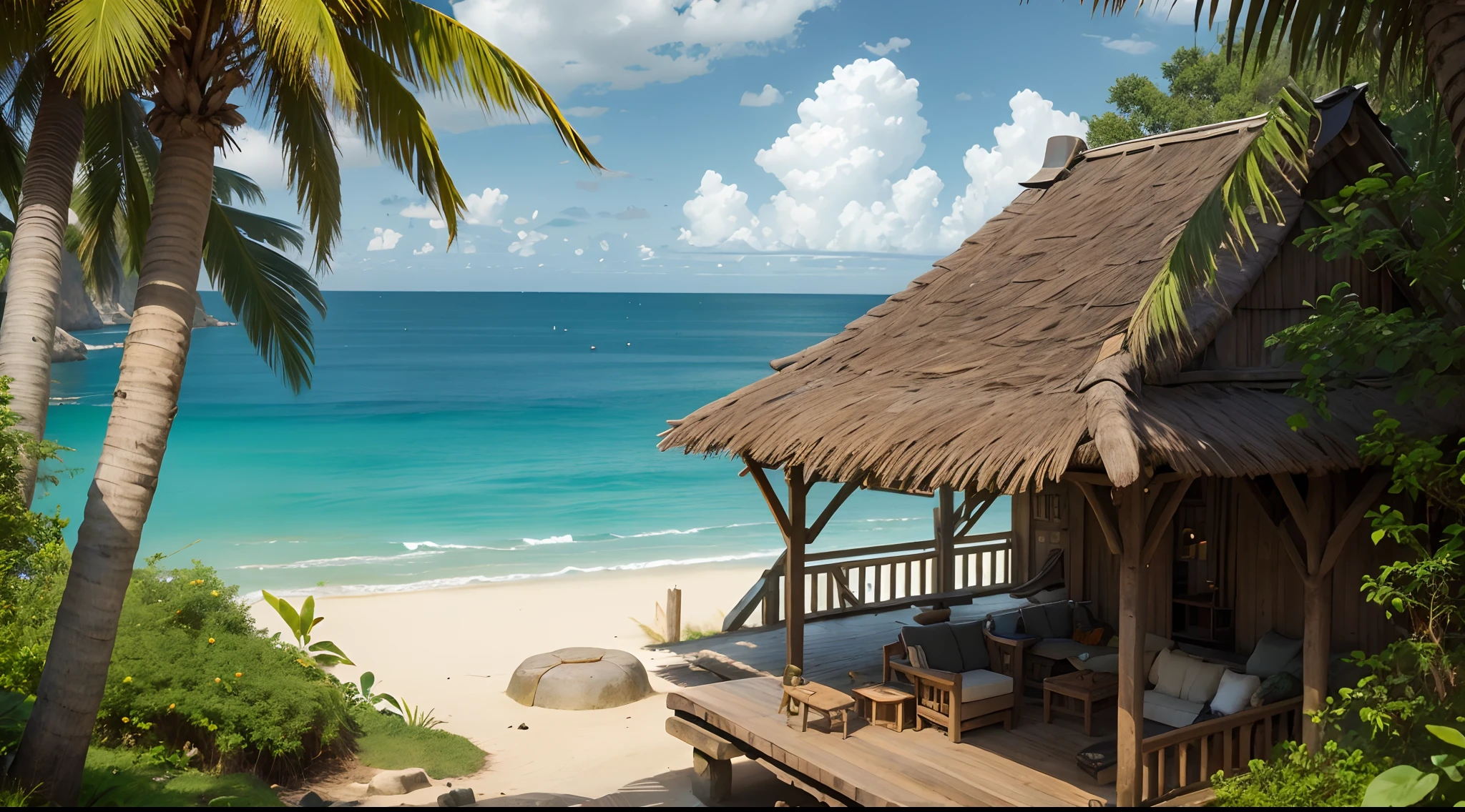 West Africa, daytime, wooden dock house, grass roof, either Senegal or Abidjan or Gulf of Guinea or west africa coastal, trunk, stones, open space, background is coast, 15th century, ancient, barbarian, primitive culture, grass roof, grass wall, no man no girl ,no woman, no boy, no people, no human ,wallpaper
