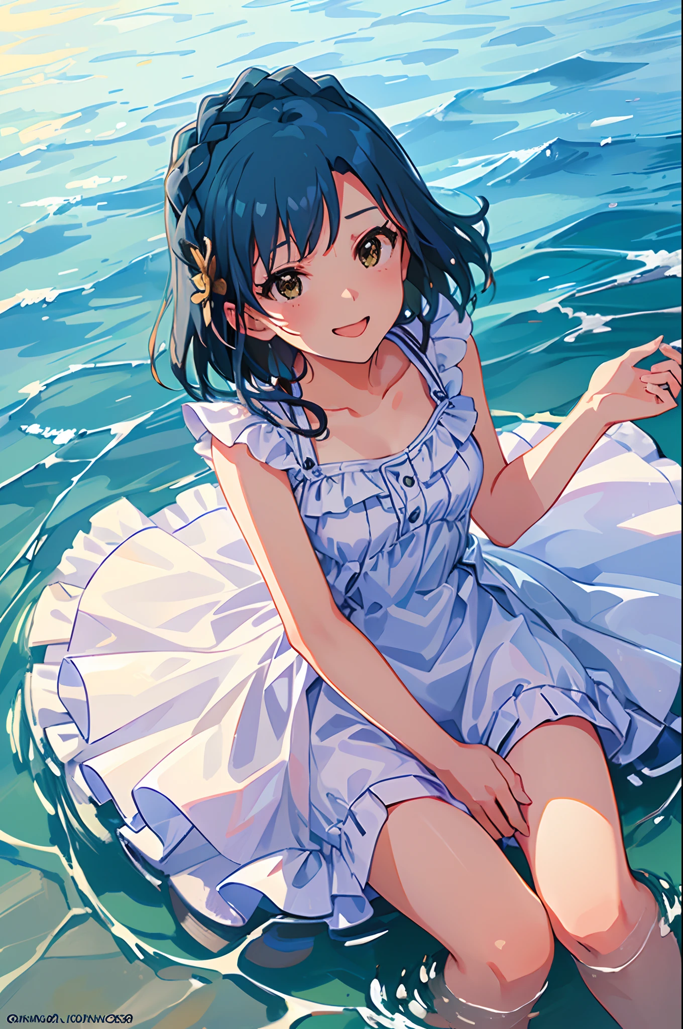 yuriko nanao (million live), 1 girl, Solo, Best Quality, High resolution, 8K, Wallpaper, Ultra-detailed, Detailed face, (((from above, looking up at viewer))), ((smile, ;d, tongue out)), (((wet hair, wet clothes)))((sundress)), (((white dress:1.5, frilled dress))), strong lights, (((on the Beach, ocean))), summer, (((fall on her behind, soak in the saltwater,)))