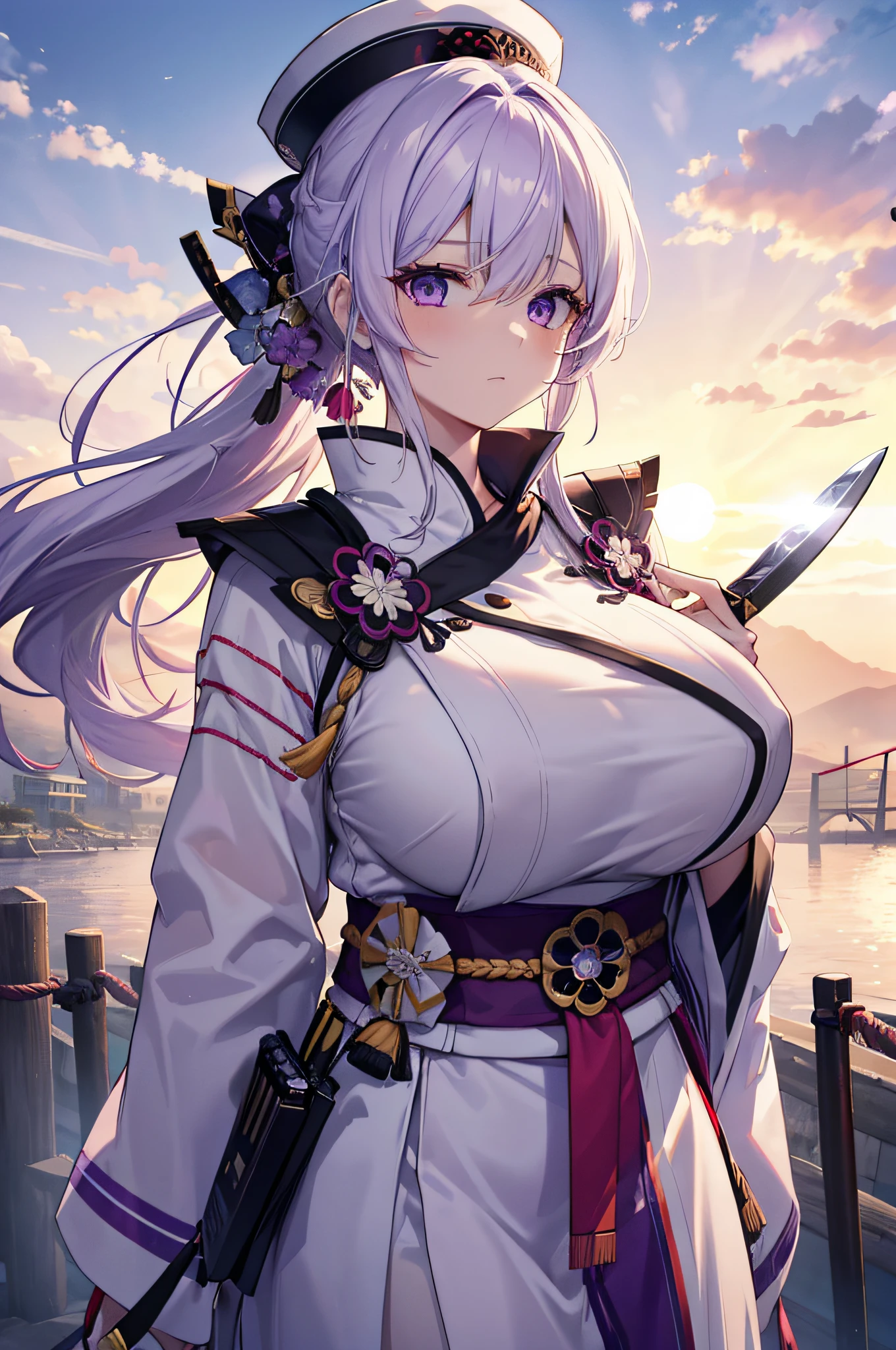 4K.hight resolution,One Woman,slightly white purple hair,Long ponytail,huge tit,White samurai clothes,no sleeves,White hat,knifes,A devastated town,cloudy ash sky,the setting sun