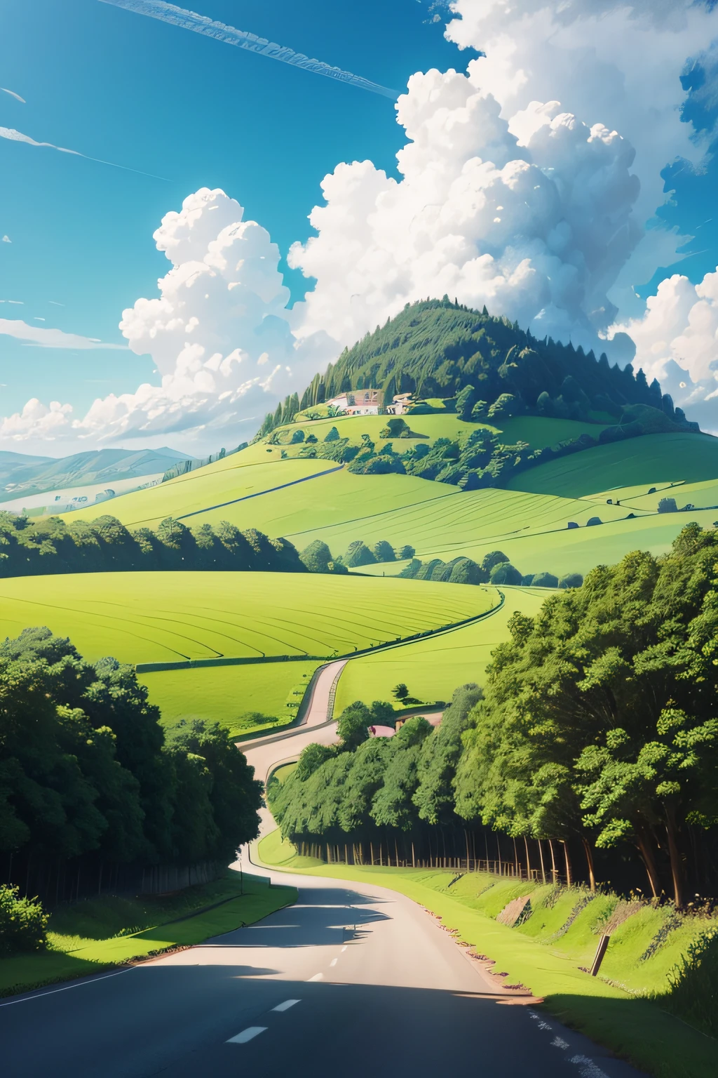 best quality,ultra-detailed,realistic,lush green countryside road,bright blue sky with fluffy cumulus clouds