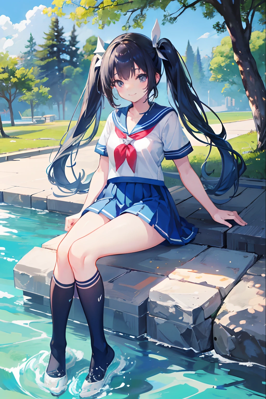masutepiece, Best Quality, hight resolution,Blue twin tails,1girl in,original,fullllbody,a ,childlike,Smiling,cute little,short,a sailor suit,park background,Peace
