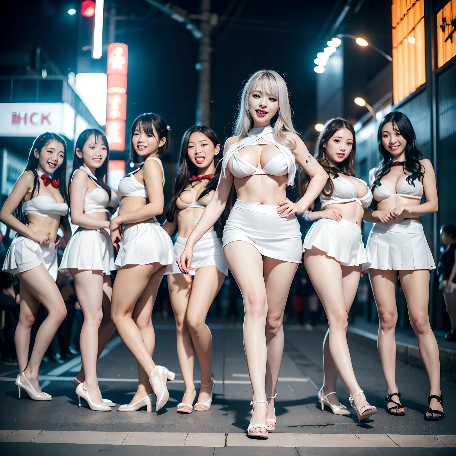 (((SFW, 12 Tiny Girls in a row:1.2, Shibuya Hachiko-mae scramble crossing on Halloween:1.2))), (masterpiece:1.2, best quality, photorealistic:1.37), {(Standing Full Body:1.2)|(from below:1.2)}, short silver hair, {School Uniform|naked bandage|tutu}, (Detailed KAWAII face, Detailed Oily Porcelain skin), {Bustling street|(Passerby schoolgirls)| halloween| neon}, {(Childish:1.2|Gigantic Cleavage:1.37|Underboob:1.2)}, {flower wreath|Red leather high collar}, {Floating hair|Strong wind|Ass focus},{:p|:d|laugh|sparkle|joyful|delighted},extremely Detailed,