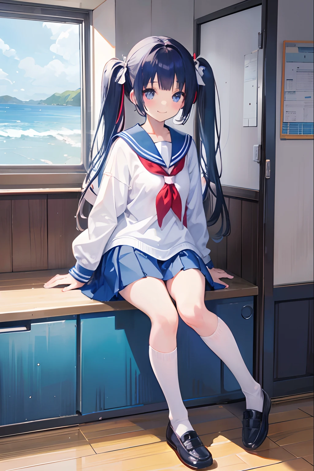 masutepiece, Best Quality, hight resolution,Blue twin tails,1girl in,Original,fullllbody,a junior high school student,childlike,Smiling,cute little,short,a sailor suit,Classroom Background,Peace