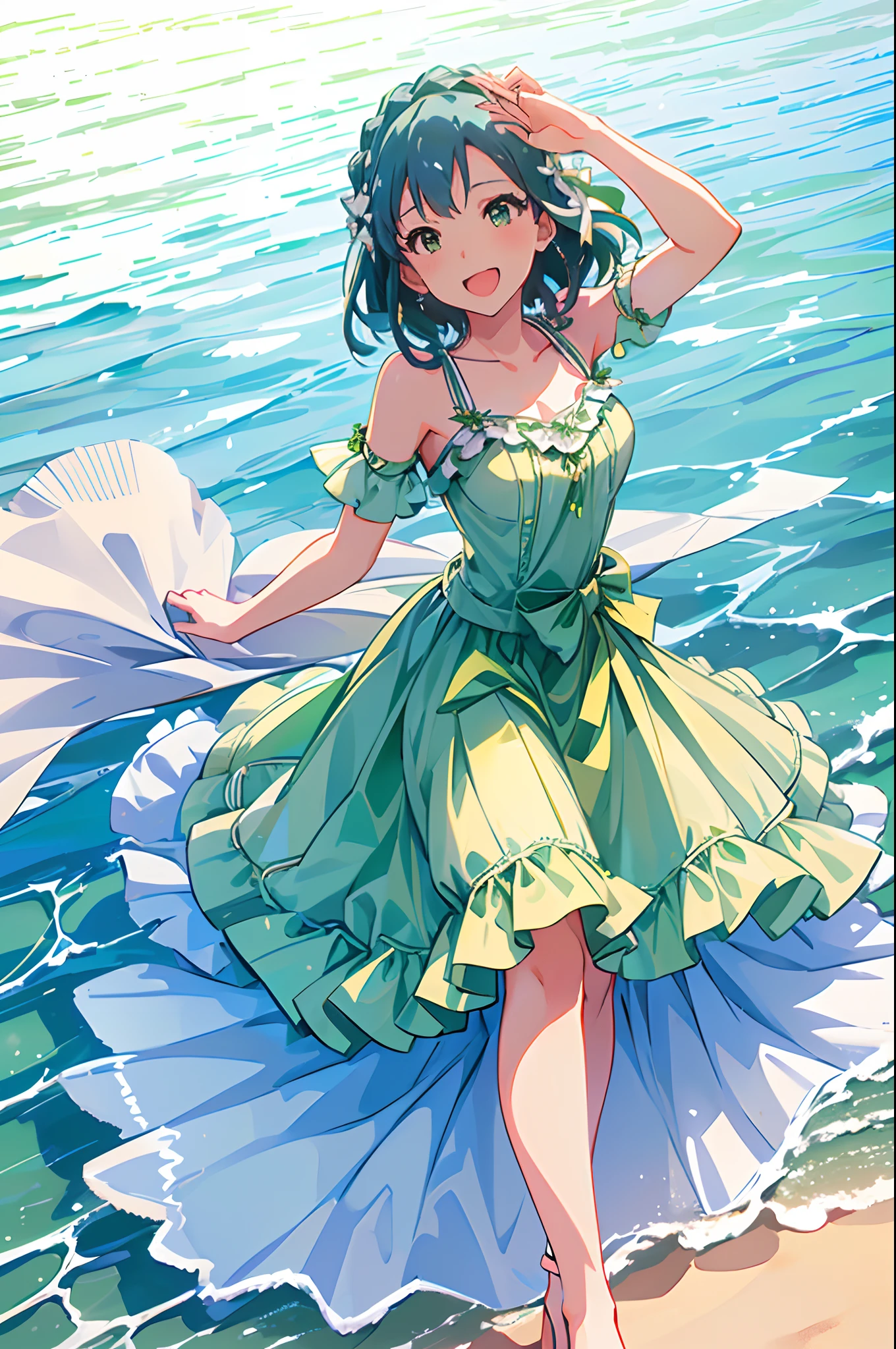 yuriko nanao (million live), 1 girl, Solo, Best Quality, High resolution, 8K, Wallpaper, Ultra-detailed, Detailed face, ((from below)), ((smile, ;d)) ((sundress)), (Light green and white dress:1.5), Aqua Blue Frill, ((Large aqua blue ribbon on the waist)), strong lights, (((on the Beach, ocean))), summer,