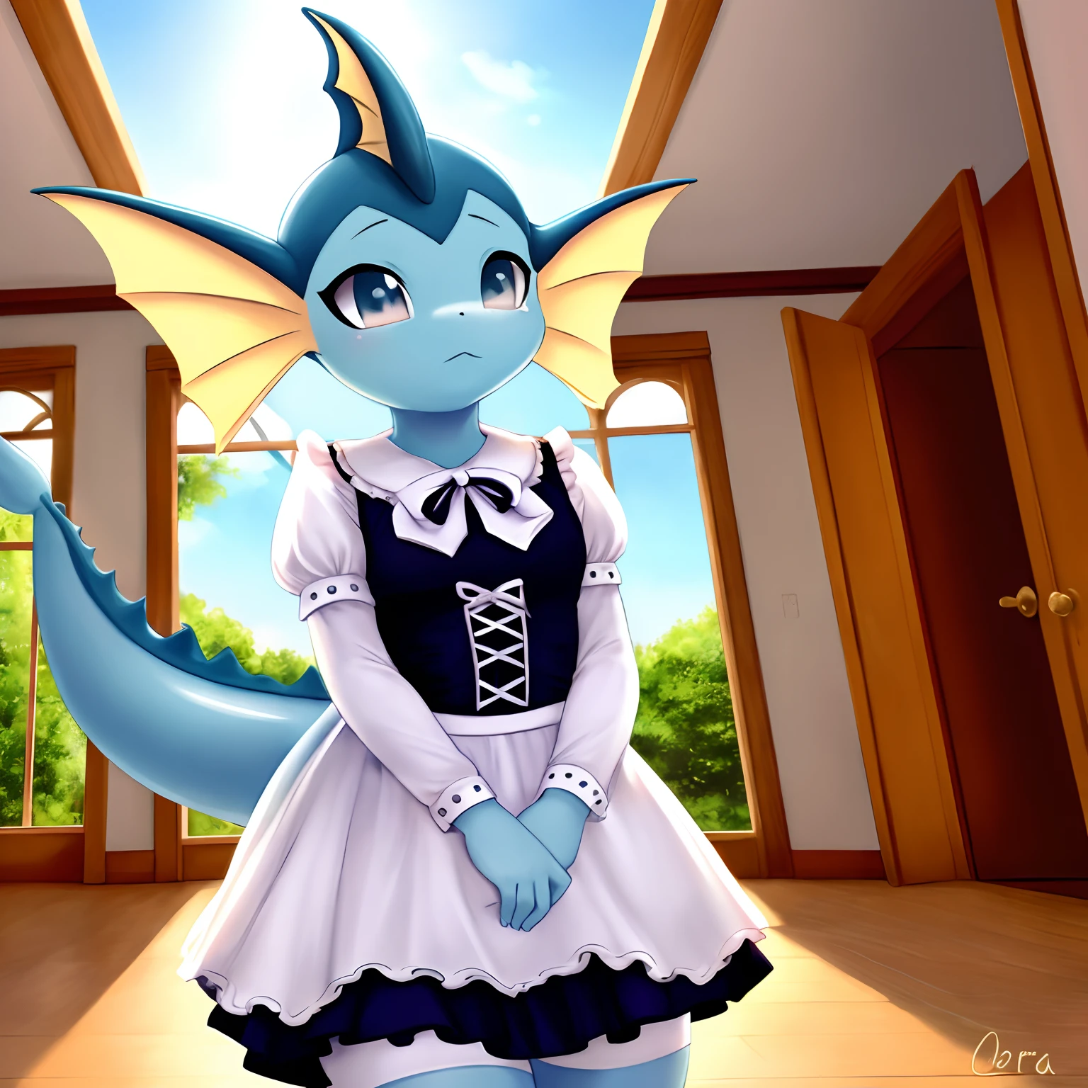 Vaporeon,((mejor calidad)),((obra maestra)),((muy detallado)),((hermoso estilo de arte)),pecho plano, piel azul, maid uniform, mansion, uniforme de criada, levantando falda, mostrando su ropa interior, rubor, underwear ajustada. Bragas, bragas ajustadas, brajas rojas.