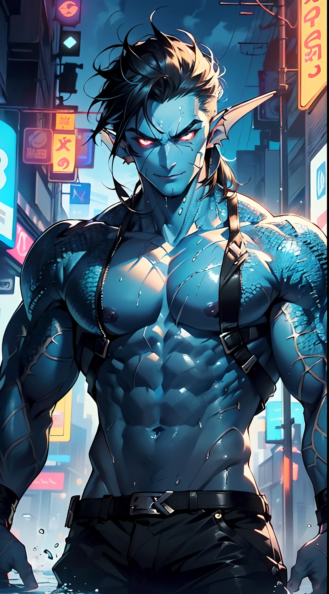 muscular man,(((1man))),((man muscular)),
(((1male,man:1.5,handsome man,male,male gender:1.5,male focus))),macho man,
Alien Fish man, ((blue skin:1.5)), (huge eyes:1.5), (((ear fins:1.5))), (((scaly skin:1.5))),((monster_man)),(deep blue skin:1.5),
((short black hair)),(((lustrous skin:1.5,bright skin: 1.5,shiny skin,very shiny skin,shiny body,illuminated skin))),(glowing eyes, blue_eyes:1.0), (((black sclera:1.5))),symmetrical eyes,((exaggerated muscles,exaggerated shoulders,very muscular and huge)),man chest,handsome face,((((muscular,hairy body,muscular man,tall,big biceps,abs,big thighs,broad shoulders,open chest)))),(((detailed face))),(((square jaw))),
alluring look,nsfw,
(((bare chest,shirtless))),hunter pants,((bulge in pants)),(hunter outfit:1.3,hunter clothes),((wet clothes,intricate outfit,intricate clothes)),
(dynamic pose:1.0),solo focus,((evil smile,evil look)),(centered,scale to fit dimensions,Rule of thirds),
cyberpunk city by the ocean at night, with bright neon signs and dark stormy clouds and puddles, scenery:1.25,
highres, sharp focus, (ultra detailed, extremely detailed), (photorealistic artwork:1.37),(extremely detailed CG unity 8k wallpaper),((synthwave background theme)),(((vibrant colors))),(intricate background),(masterpiece),(best quality),