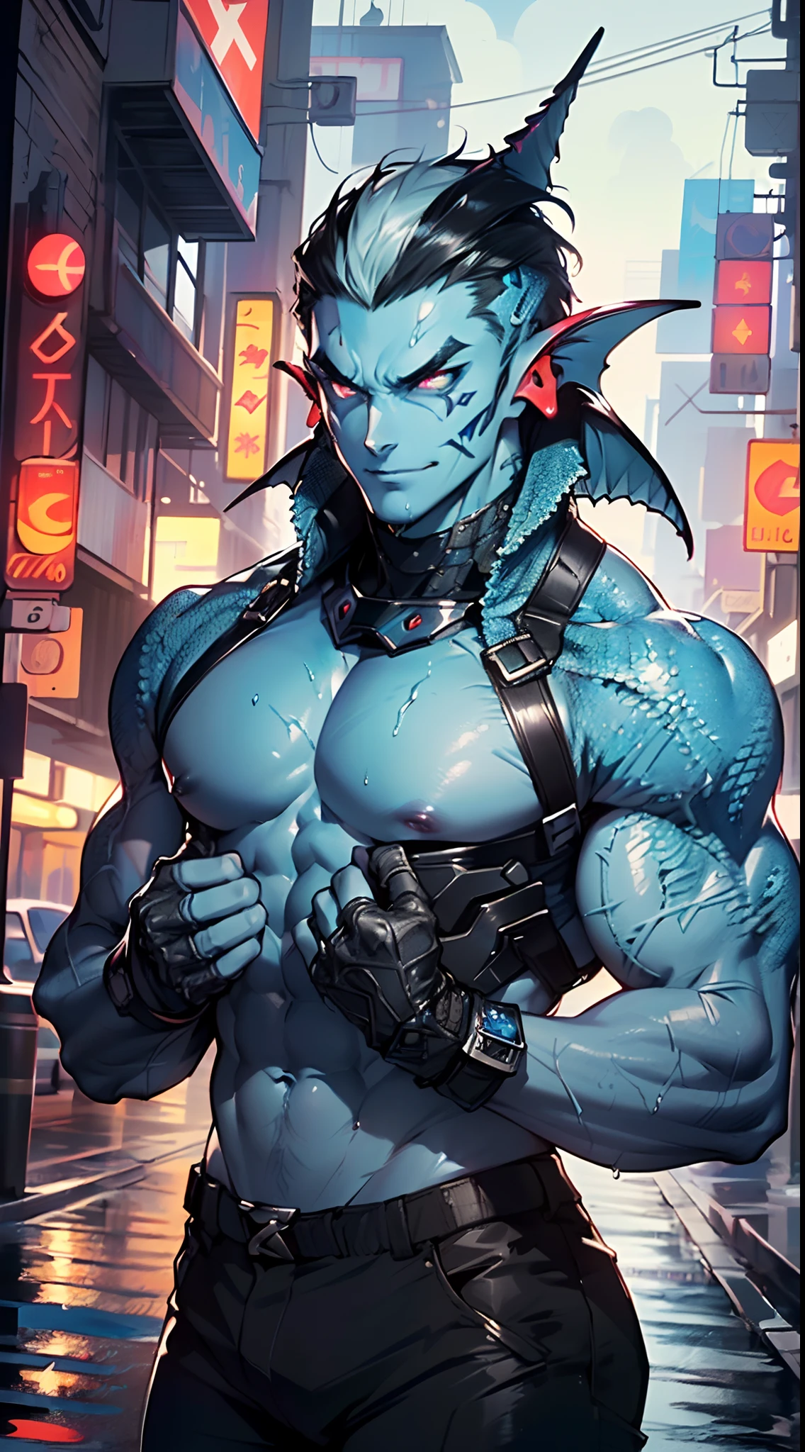 muscular man,(((1man))),((man muscular)),
(((1male,man:1.5,handsome man,male,male gender:1.5,male focus))),macho man,
Alien Fish man, ((blue skin:1.5)), (huge eyes:1.5), (((ear fins:1.5))), (((scaly skin:1.5))),((monster_man)),(deep blue skin:1.5),
((short black hair)),(((lustrous skin:1.5,bright skin: 1.5,shiny skin,very shiny skin,shiny body,illuminated skin))),(glowing eyes, blue_eyes:1.0), (((black sclera:1.5))),symmetrical eyes,((exaggerated muscles,exaggerated shoulders,very muscular and huge)),man chest,handsome face,((((muscular,hairy body,muscular man,tall,big biceps,abs,big thighs,broad shoulders,open chest)))),(((detailed face))),(((square jaw))),
alluring look,nsfw,
(((bare chest,shirtless))),hunter pants,((bulge in pants)),(hunter outfit:1.3,hunter clothes),((wet clothes,intricate outfit,intricate clothes)),
(dynamic pose:1.0),solo focus,((evil smile,evil look)),(centered,scale to fit dimensions,Rule of thirds),
cyberpunk city by the ocean at night, with bright neon signs and dark stormy clouds and puddles, scenery:1.25,
highres, sharp focus, (ultra detailed, extremely detailed), (photorealistic artwork:1.37),(extremely detailed CG unity 8k wallpaper),((synthwave background theme)),(((vibrant colors))),(intricate background),(masterpiece),(best quality),