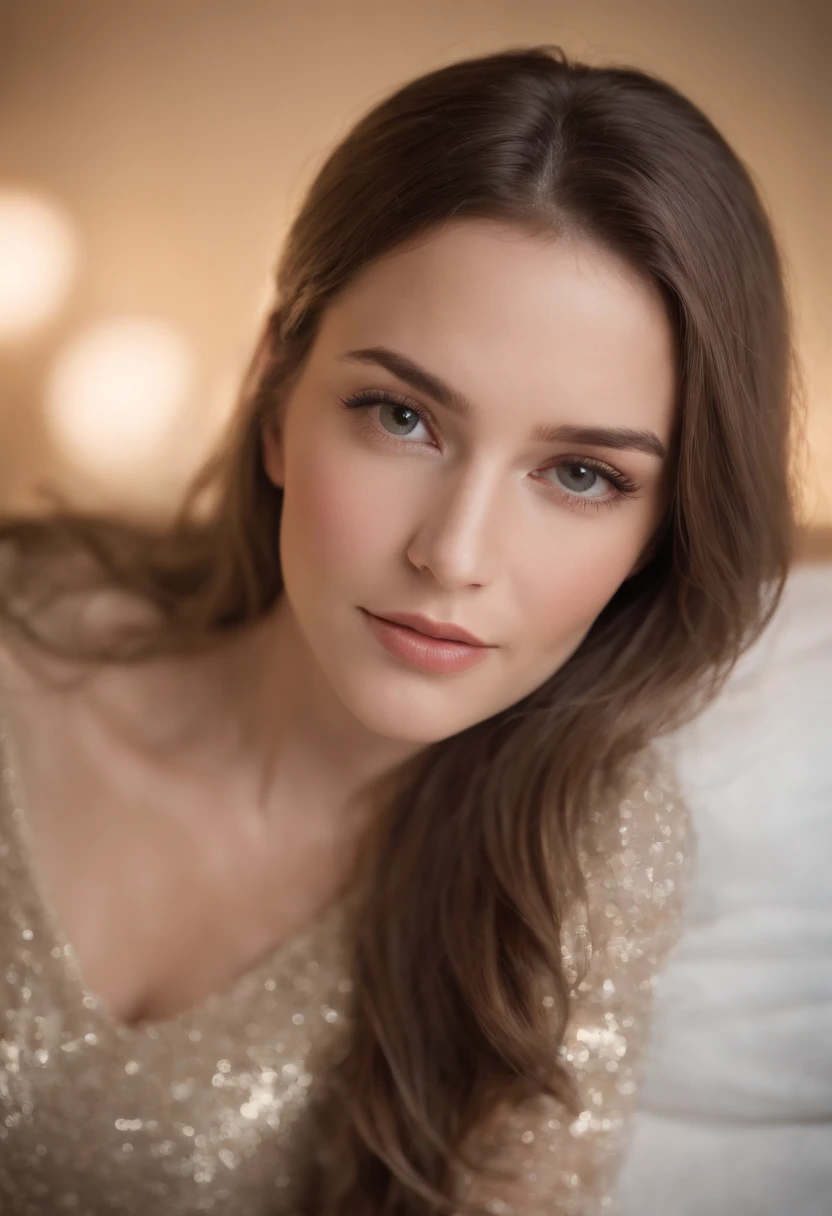 Masterpice Fotorrealista Enormes Seios Loiro Mulher, Corpo Inteiro Corpo Perfeito, rosto perfeito, sorridente, disco Rigido, Vestido, Selfie, olhos realistas, na cama, sonolento