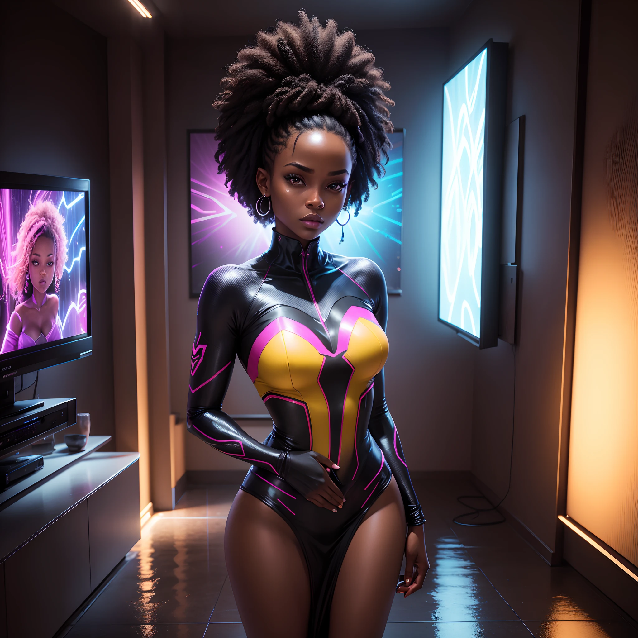 High angle shot of a Black woman wearing neon lit African designed clothes and standing on a wet surface in a room with large flat screen TVs on the walls, dark room with only the Flat screen TVs lighting the scene, with iridescent light, photorealistic image, 32k, ultra HD, cinematic lighting, artgerm style,