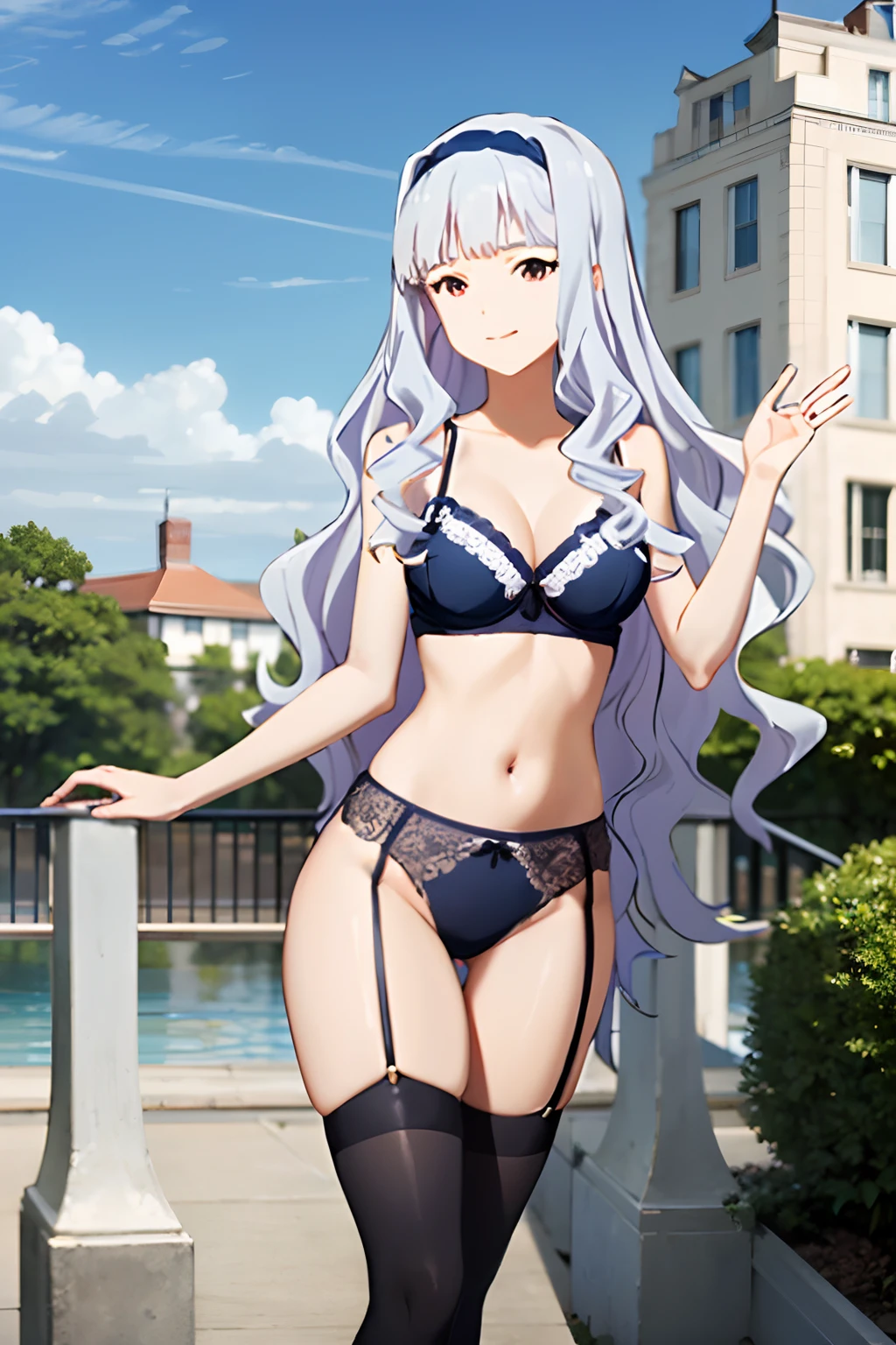 (​masterpiece、top-quality:1.2),, 独奏, 1girl in,,  ,pantiy、、、a park、、、A smile、bra very、((Blue color lingerie))))、long-haired、Opening legs、、Black stockings、、Colossal tits、white  hair、beautidful eyes