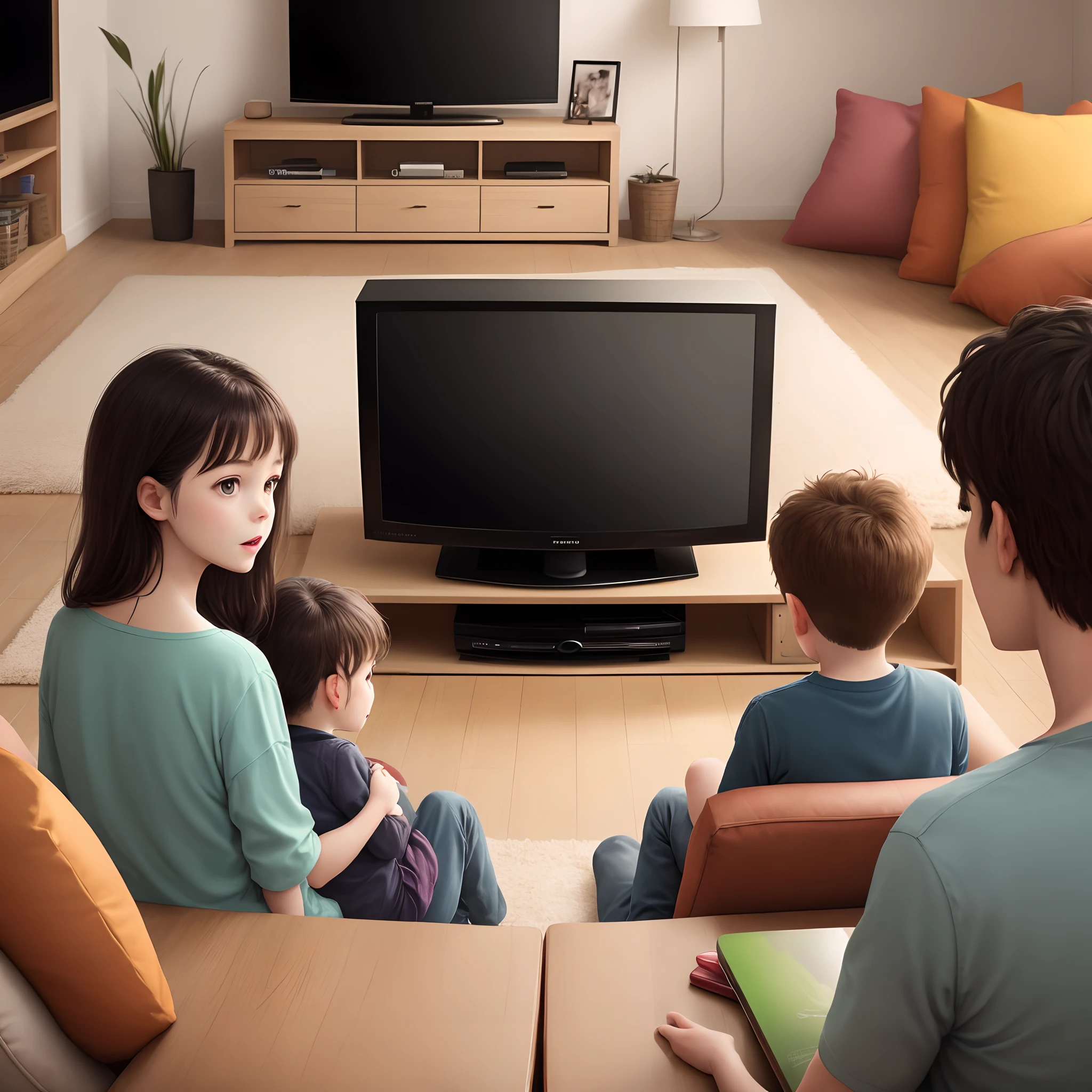 Family in front of television