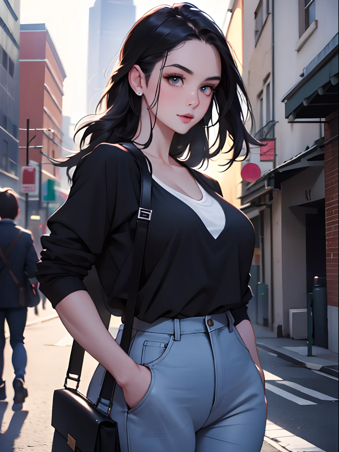 Young woman 25 years old: 1.3, Long black hair: 1.2, Casual wear: 1.2, Daytime: 1.2, On the street: 1.2, Film lighting, Surrealism, UHD, ccurate, Super detail, textured skin, High detail, Best quality, 8k