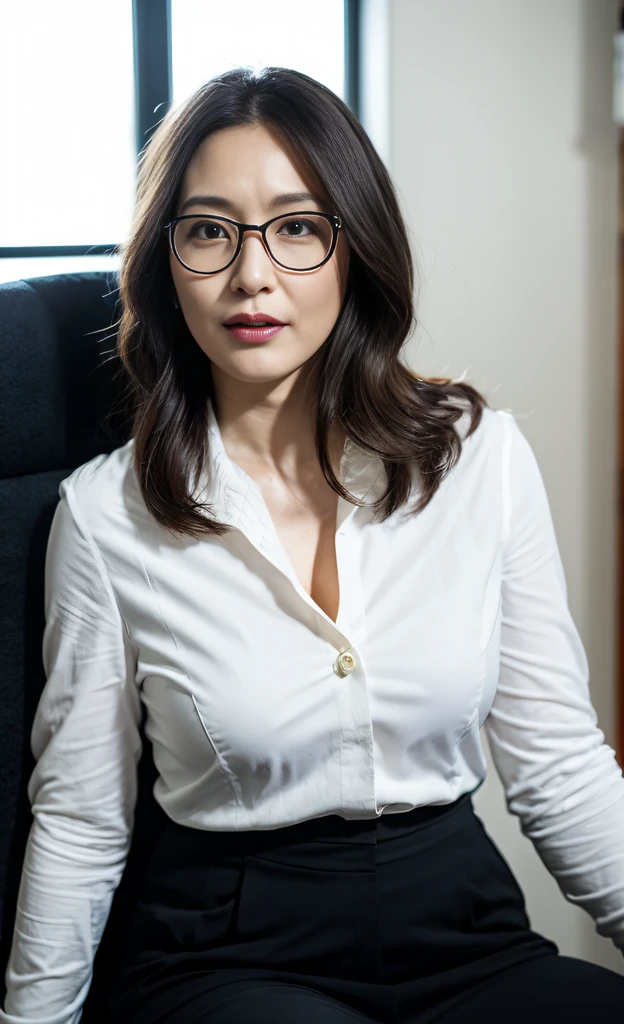 ((Best Quality, 8k, Masterpiece, Portrait: 2)), (looking at viewer),Photorealistic, Sharp Focus, glare, beautiful Japan Office Lady, glasses, gray blazer, white shirt, Clothes with big Cleavage View, 35 Years Old, Wavy Hair, ((double eyelid, eyelash, lip gloss)), (Wrinkles at the Corners of the Eyes:0.6), ((Sitting on office chair)), (loose waist:1), (underhair:0.8), (open mouth:0.7), (angry:0.5), ((open mouth:1)), Darkness Nobody Office Room,