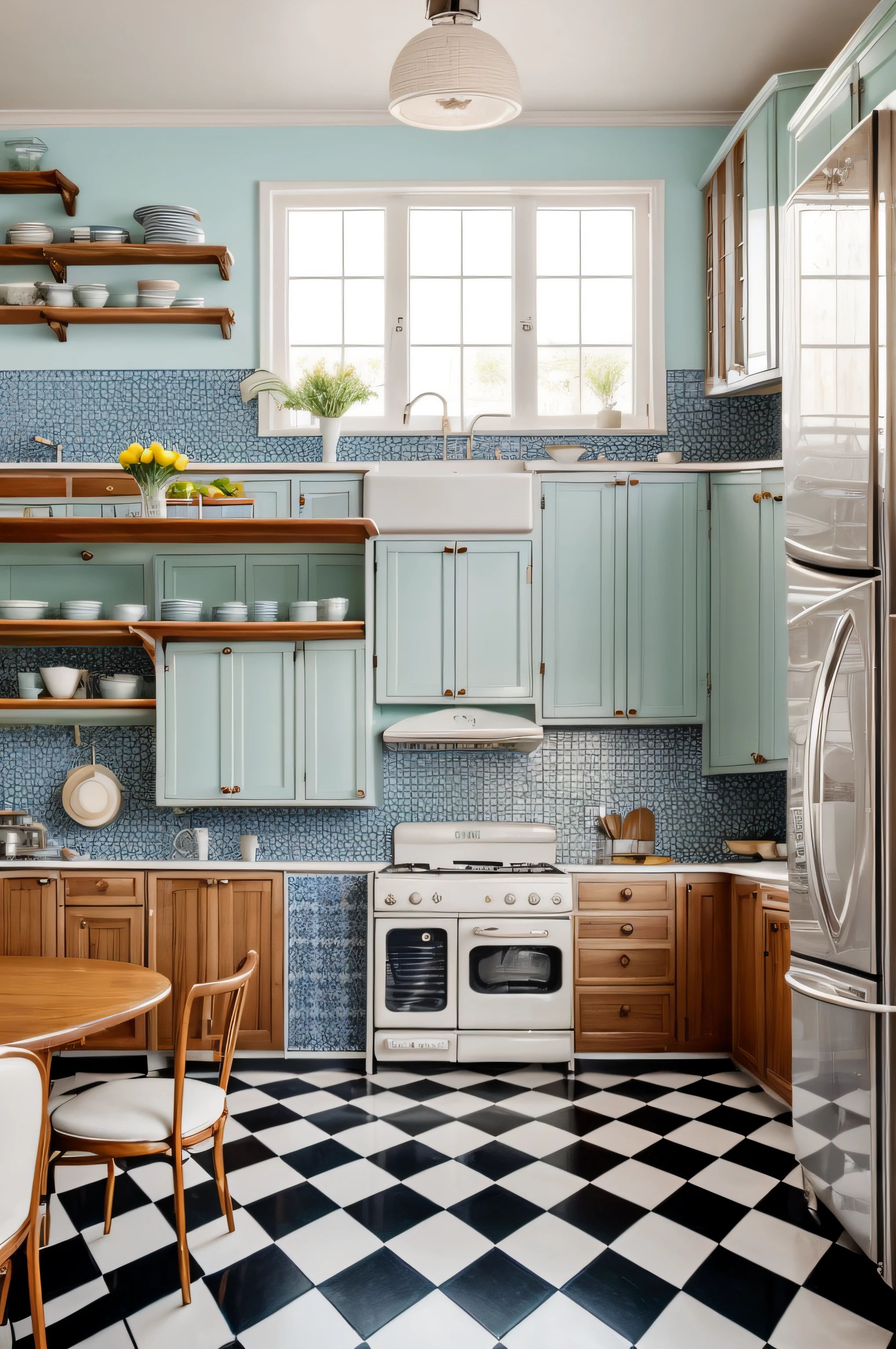 The vintage 1950s kitchen features a pastel color palette, Blue and white tiles on the walls and a clean, classic atmosphere. A round Formica dining table in the center of the kitchen is surrounded by vinyl-upholstered chairs and a glass pendant chandelier. Chrome-plated appliances, like a rounded refrigerator and a gas stove with flashy buttons, are highlights. Shelves display vintage cookware, Fine porcelain plates and retro grocery tins. The floor is covered with black and white checkered tiles, e cortinas florais adornam as janelas. A cozinha irradia charme atemporal, Evoking the elegance of the 1950s.