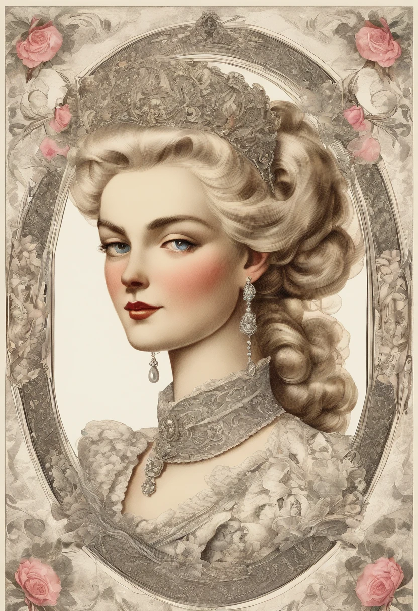 John Tenniel art, A stunningly beautiful blonde fairytale Princess shining with Royal Pomp and Regal Splendor, wearing a Stately and (((Elaborate))) Royal Cinderella Ballgown of Silver and White Brocade, with (((enormous puffed sleeves))) a stiffly boned, padded and corseted bodice, an hourglass waist, a (((huge crinoline hoopskirt))) and (((bustle))), adorned with ribbons, bows, roses, lace, ruffles, frills, embroidery, and jewels, elaborately curled and styled hair, long white gloves, pearl and diamond necklace and earrings