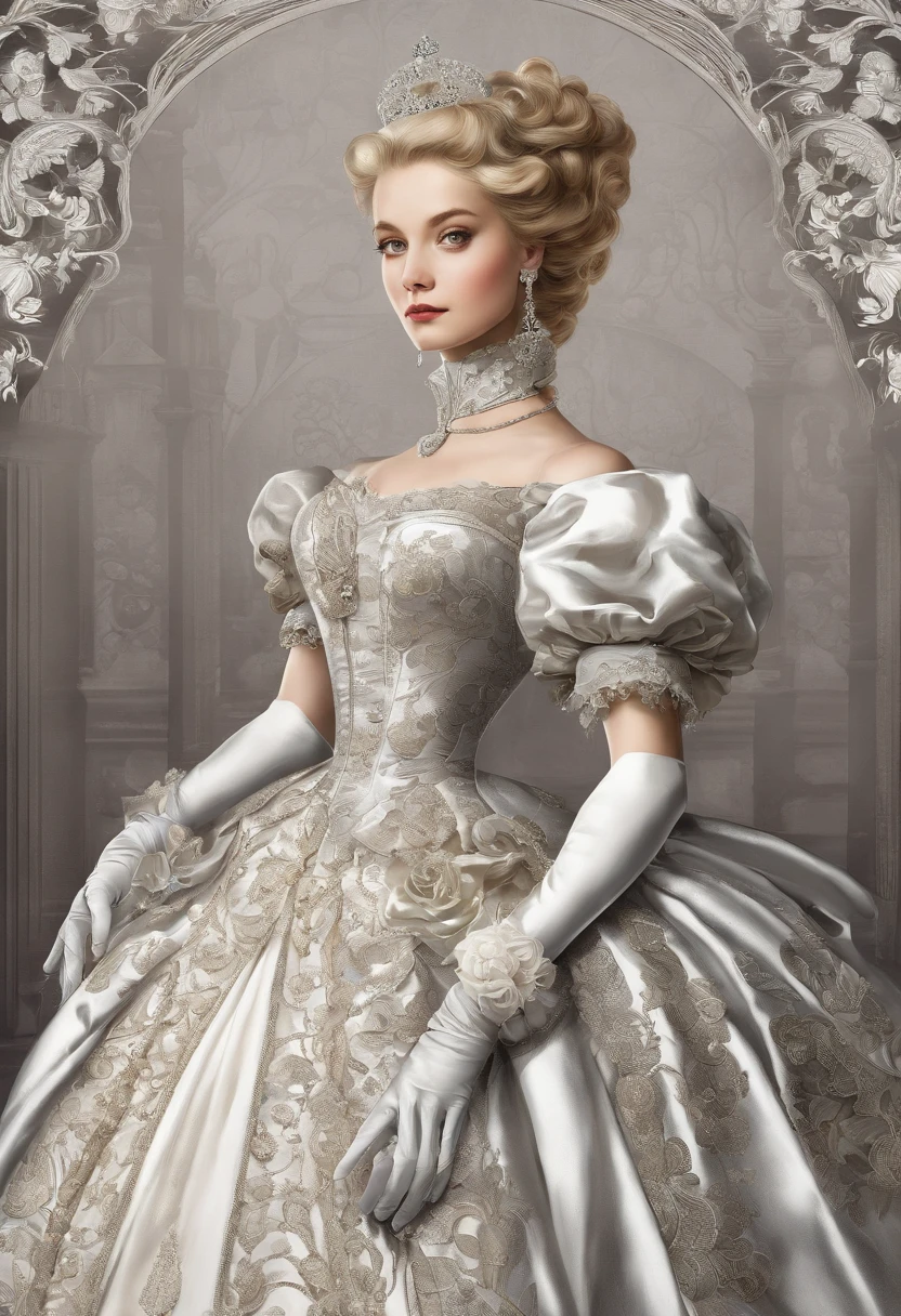 Fairytale Illustration, A Stately and Elaborate Royal Victorian Court Dress of silver damask adorned with (((bows))), poufs, ruffles, frills, lace, (((embroidery))), and jewels,, with (((enormous puffed sleeves))), an hourglass waist, and a (((huge crinoline hoopskirt))) long white gloves, pearl necklace and earrings