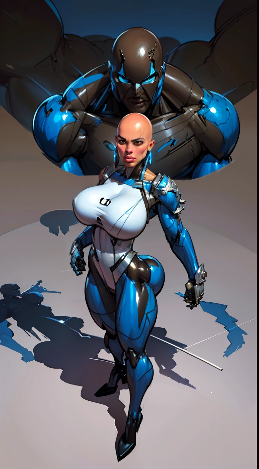 8k ((above view:1.6)), ((full body view:1.3)) (large eyes:1.3), defined cheekbones, ((the pit style:1.4))((sleek silver bodysuit:1.6)) ((intricate details:1.4))detailed face:1.5), brown skin,(puffy lips:1.5) ((brown skin:1.6)), ((brown face:1.4)), (bald woman:1.7), (skinhead) ((sexy pose)),(Muscular:1.3), ((gigantic breasts:1.5)), )highly detailed, Volumetric lighting, baroque oil painting by Greg Rutkowski, Artgerm, WLOP, dynamic angle,(( bodysuit:1.3)), majestic, digital photography, best shadow, light particles, art by artgerm and ruan jia and greg rutkowski, ((metal shoulder pads:1.5)), (masterpiece), sidelighting, intricate details, (((black and blue color palette)))