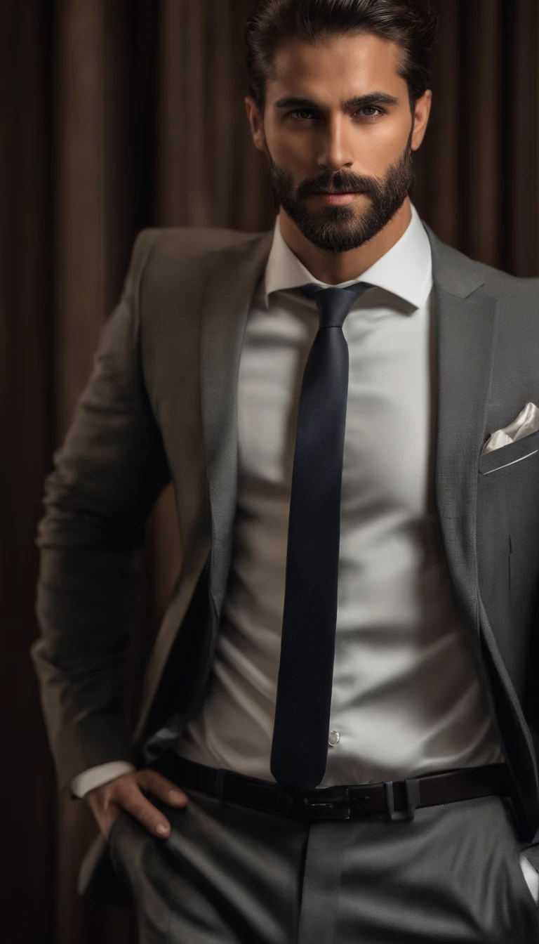 hacia arriba、Make a handsome man in his 30s in black suit and tie, Consejero delegado, brown hair and beard, (Hombre con traje negro y corbata), ), (Usa barba,) Aspecto atractivo y serio, cabello corto y oscuro, Elegante y con estilo, Afeitado ajustado al traje y cuerpo fuerte, (Alta calidad, true-to-life visuals), Negro oscuro y claro sobre el fondo de la imagen, Film style, ((highest qualityr, 8k, obra maestra), ultra hi definition photo, (Hermosos rostros detallados, Detalle de la textura de la piel, Cuerpo hiperdetallado:1.1)
