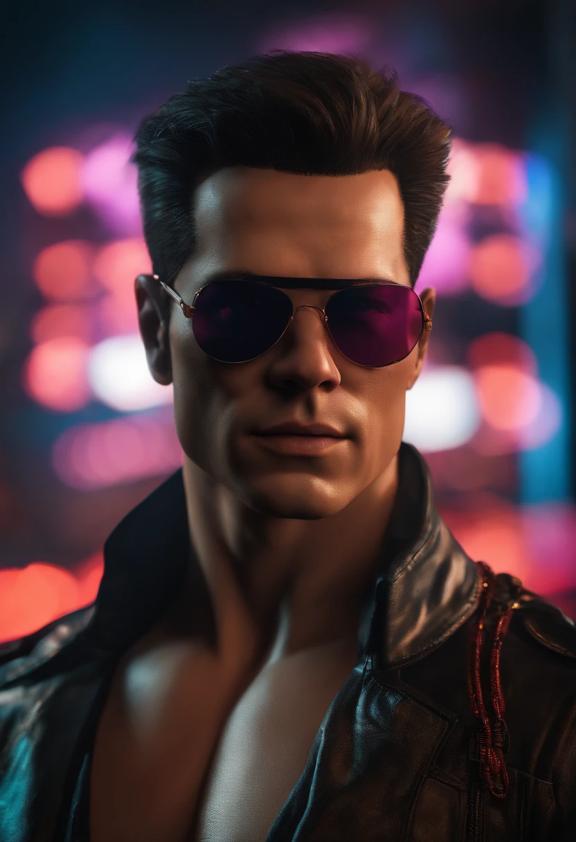 cyberpunk  bonito, Rosto realista,8k, ultra realistic, sunglasses, johnny cage, sorrindo, carismatico, musculoso