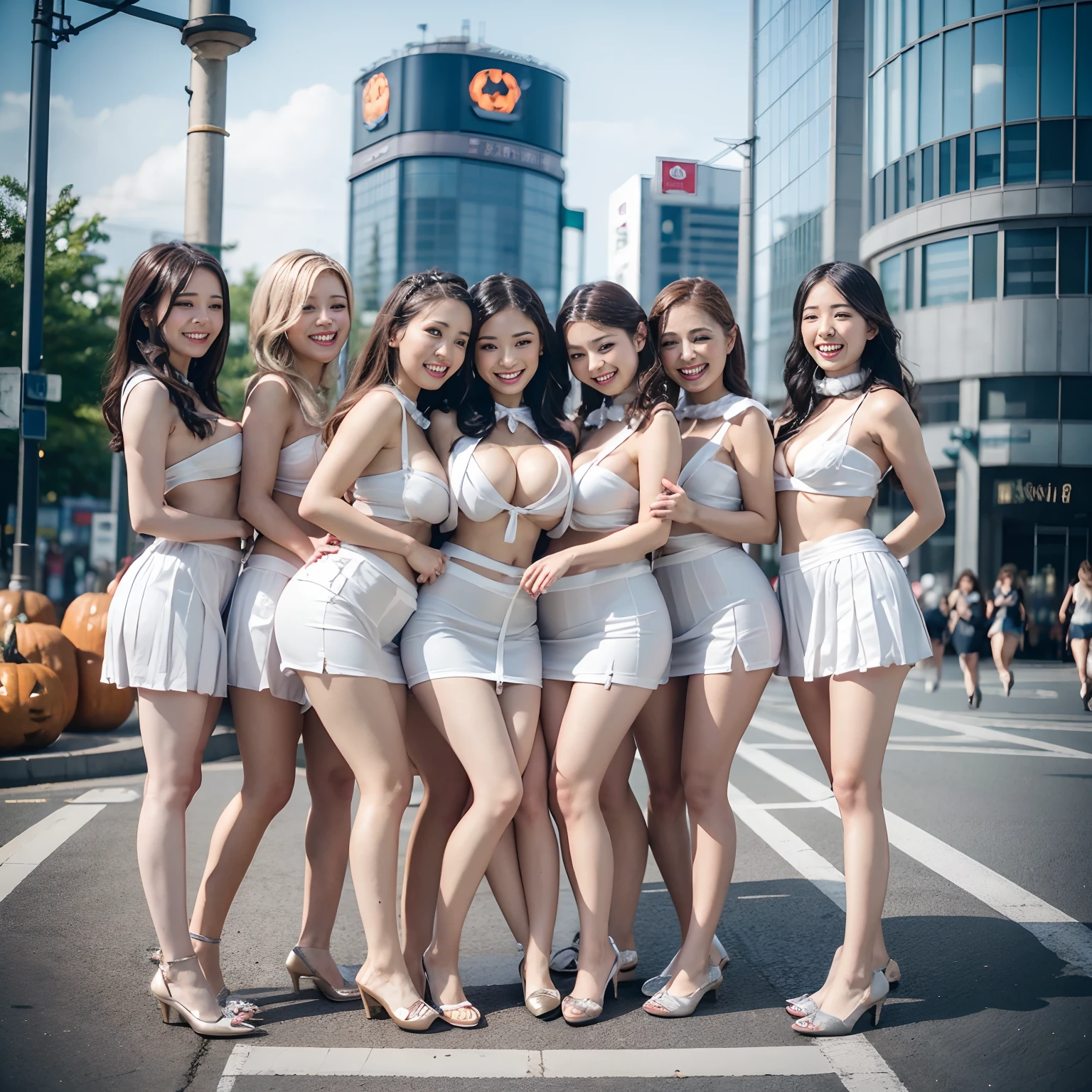 (((SFW, 12 Tiny Girls in a row:1.2, Shibuya Hachiko-mae scramble crossing on Halloween:1.2))), (masterpiece:1.2, best quality, photorealistic:1.37), {(Standing Full Body:1.2)|(from below:1.2)}, short silver hair, {School Uniform|naked bandage|tutu}, (Detailed KAWAII face, Detailed Oily Porcelain skin), {Bustling street|(Passerby schoolgirls)| halloween| neon}, {(Childish:1.2|Gigantic Cleavage:1.37|Underboob:1.2)}, {flower wreath|Red leather high collar}, {Floating hair|Strong wind|Ass focus},{:p|:d|laugh|sparkle|joyful|delighted},extremely Detailed,