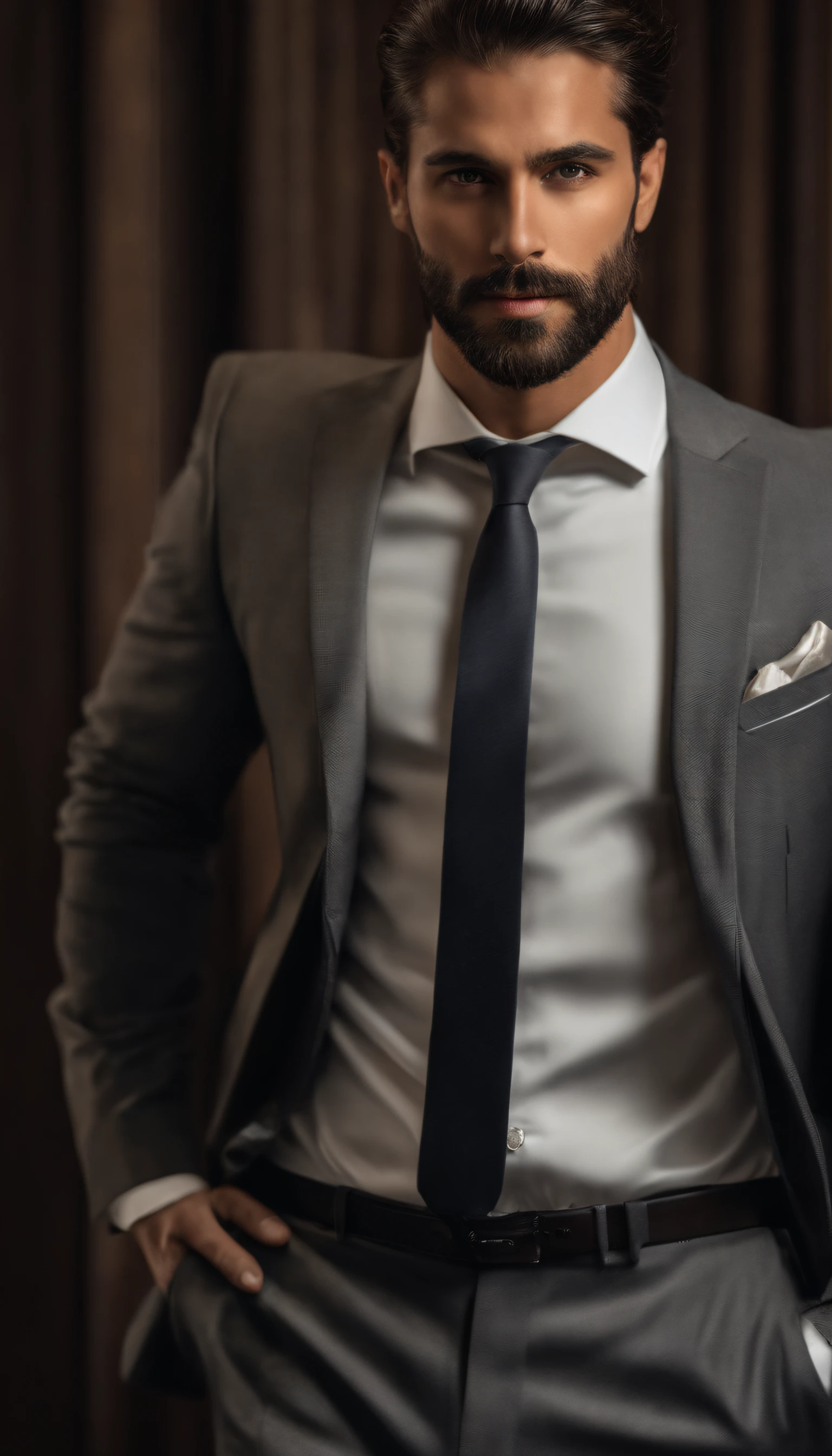 hacia arriba、Make a handsome man in his 30s in black suit and tie, Consejero delegado, brown hair and beard, (Hombre con traje negro y corbata), ), (Usa barba,) Aspecto atractivo y serio, cabello corto y oscuro, Elegante y con estilo, Afeitado ajustado al traje y cuerpo fuerte, (Alta calidad, true-to-life visuals), Negro oscuro y claro sobre el fondo de la imagen, Film style, ((highest qualityr, 8k, obra maestra), ultra hi definition photo, (Hermosos rostros detallados, Detalle de la textura de la piel, Cuerpo hiperdetallado:1.1)