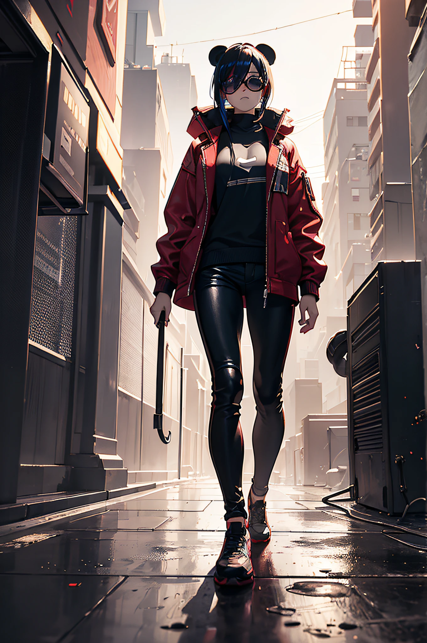 a Panda in a cyberpunk red jacket, skinny pants, sunglasses, walking on a beach sidewalk, {extremely detailed 8k CG unit wallpaper}, expansive landscape photography, (a view from below focusing on the character and setting ), (wide open field view), (low angle shot), (high light: 1.5), (low light: 1.0), (warm light source: 2.0), complex details, (iridescent colors: 1.0), (bright lighting), (atmospheric lighting), dreamy, magical