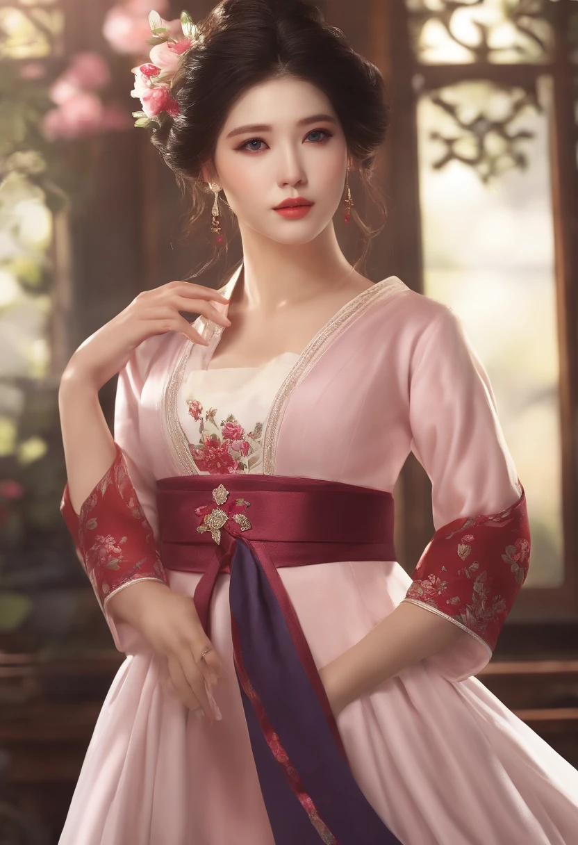(olhos bonitos finamente detalhados e rosto detalhado,Side lighting of the masterpiece,master part,best quality,circunstanciado,High resolution illustration),, (1rapaz inteiro,Bishoujo,Pele Lustrosa,olhando para baixo,Olhando para o Viewer),, (cabelo rosa,olhos azuis,fita,Hanbok, Roupas coreanas), (vestido_Underbust:1.2),Peito Inferior,