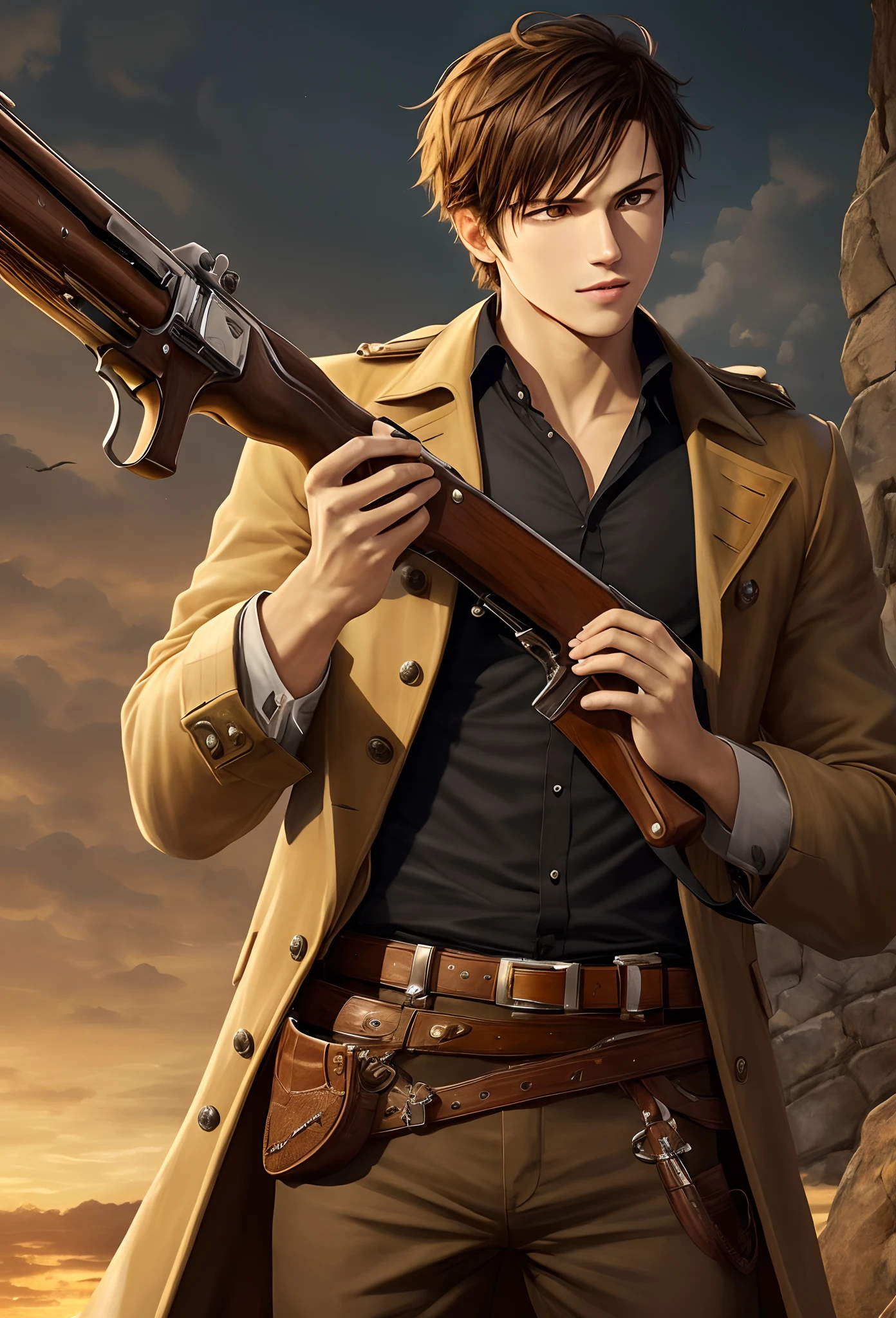 A young man confidently holding out two flintlock pistols well wearing a cowboy outfit with black short hair and yellow eyes in One Piece art style