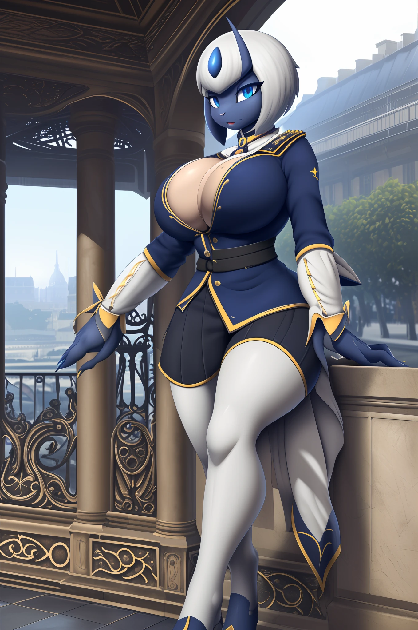 1girl (Made by R-MK), Absol woman, ((solo)), ((big and firm breasts, antrum, extremely detailed, extremely detailed legs, extremely detailed arms, extremely detailed face, perfectly detailed eyes, perfectly detailed anatomy)), looking at viewer, (Paris), (Wearing French colonial soldier uniform), (Napoleon French Bicornio)