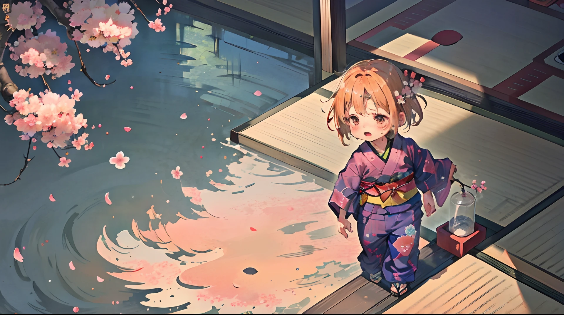 Background drooping cherry blossom、Orange hair、 Blushing, 年轻,Shota、, Small, Toddler, small legs, (Sweatpants:1.4), (年轻:1.4), (child:1.4), (Shota:1.4), (Yukata:1.4),