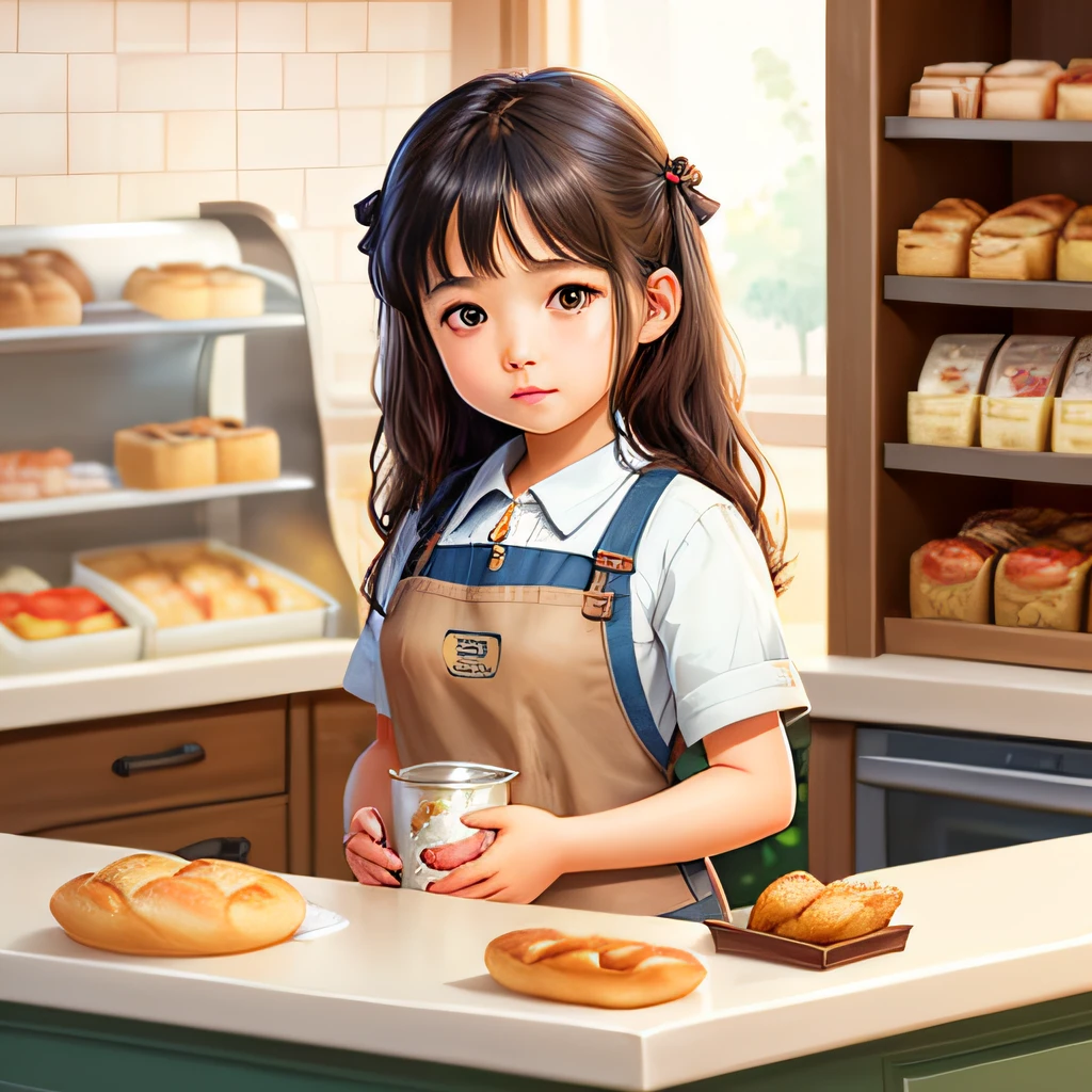 a girl holding a container of food in front of a counter, fantasy illustrations cover art, realistic cute girl painting, bakery, inspired by Guo Chun, brave young girl, very cute features, realistic artstyle, holding a baguette, innocence, telegram sticker, female blacksmith, white waist apron and undershirt, , innocent